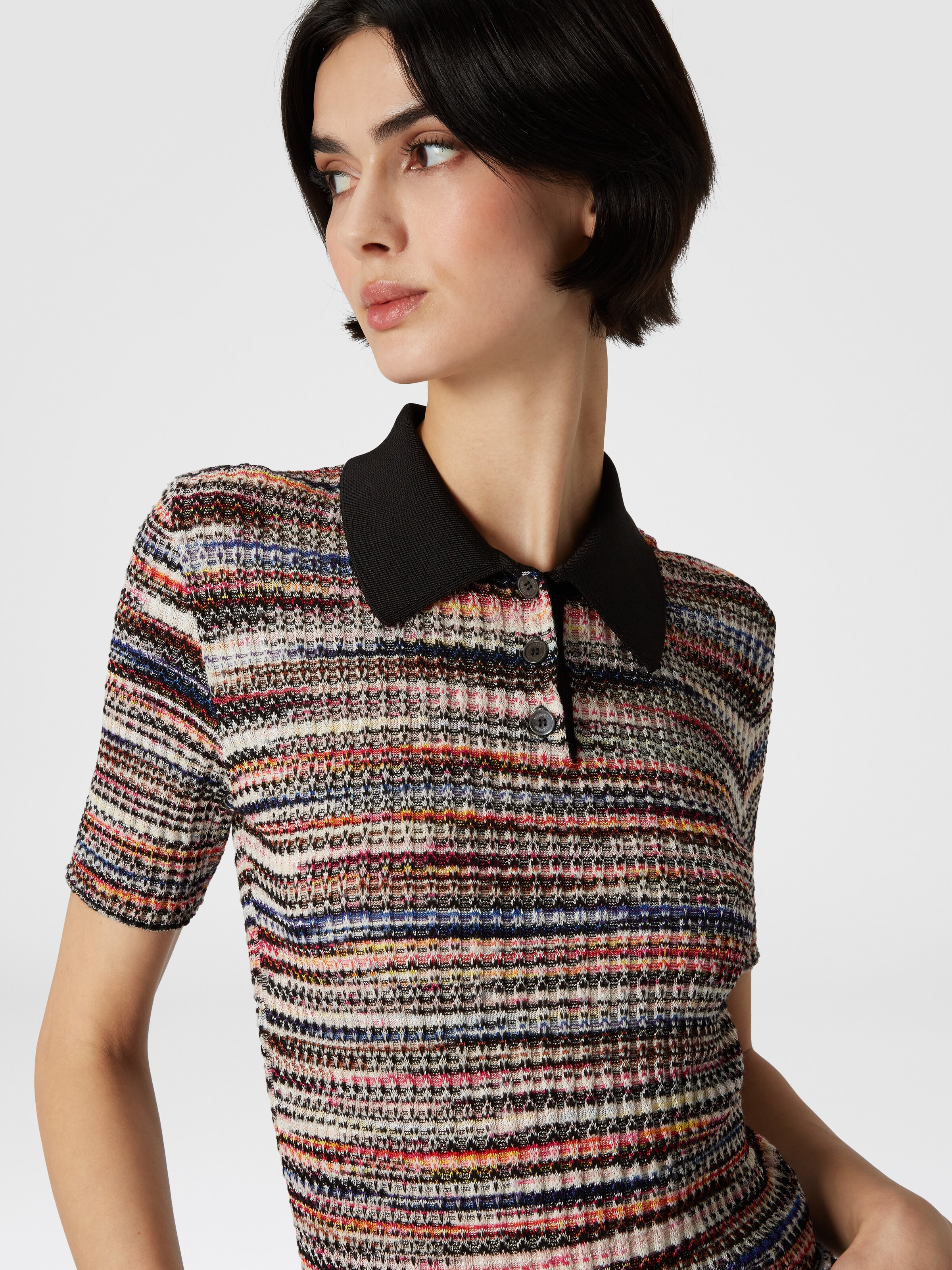 Short-sleeved polo shirt in wool and viscose knit, Multicoloured  - 4