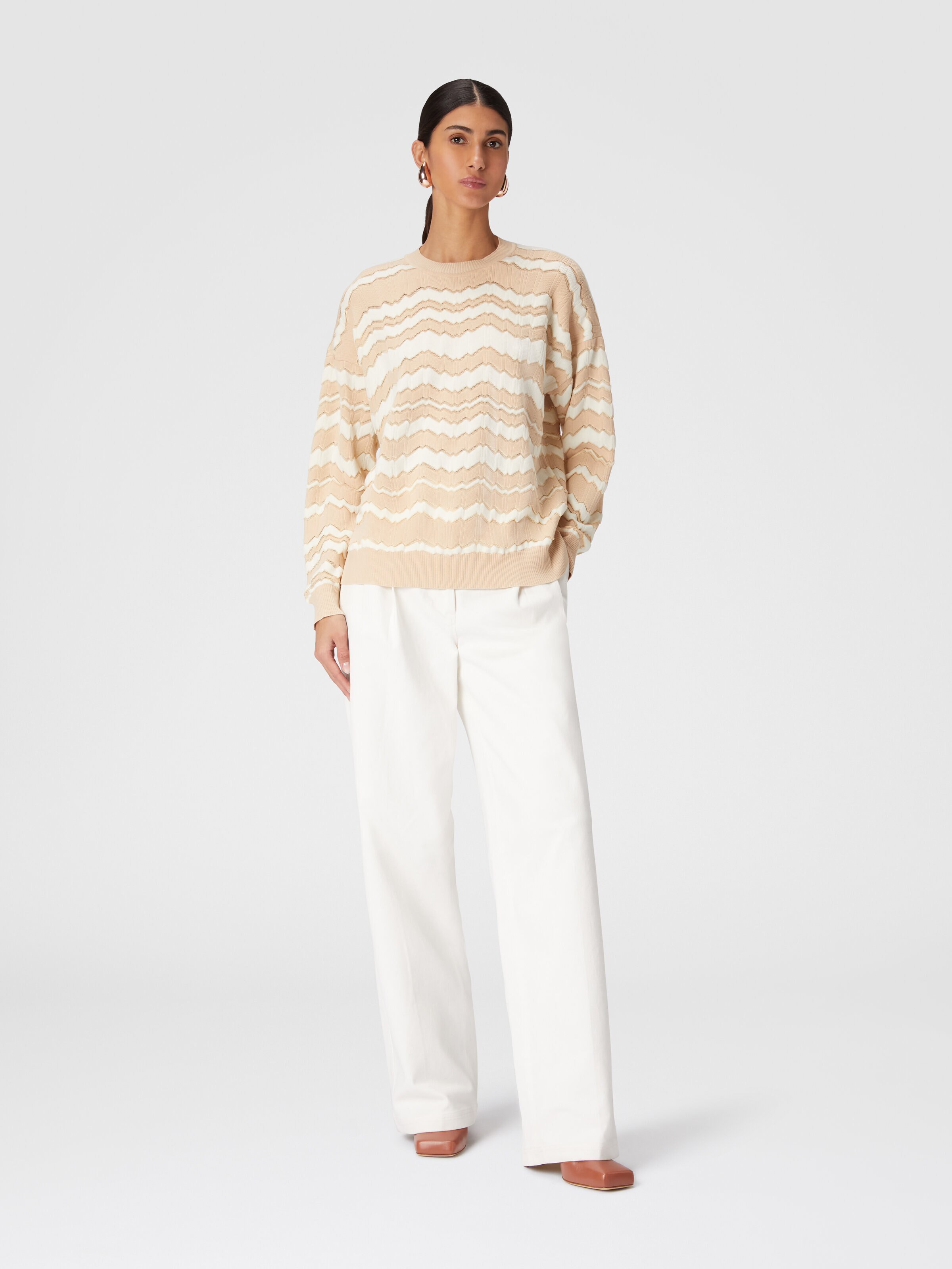 Crewneck pullover with tone-on-tone zigzag, Beige - 1