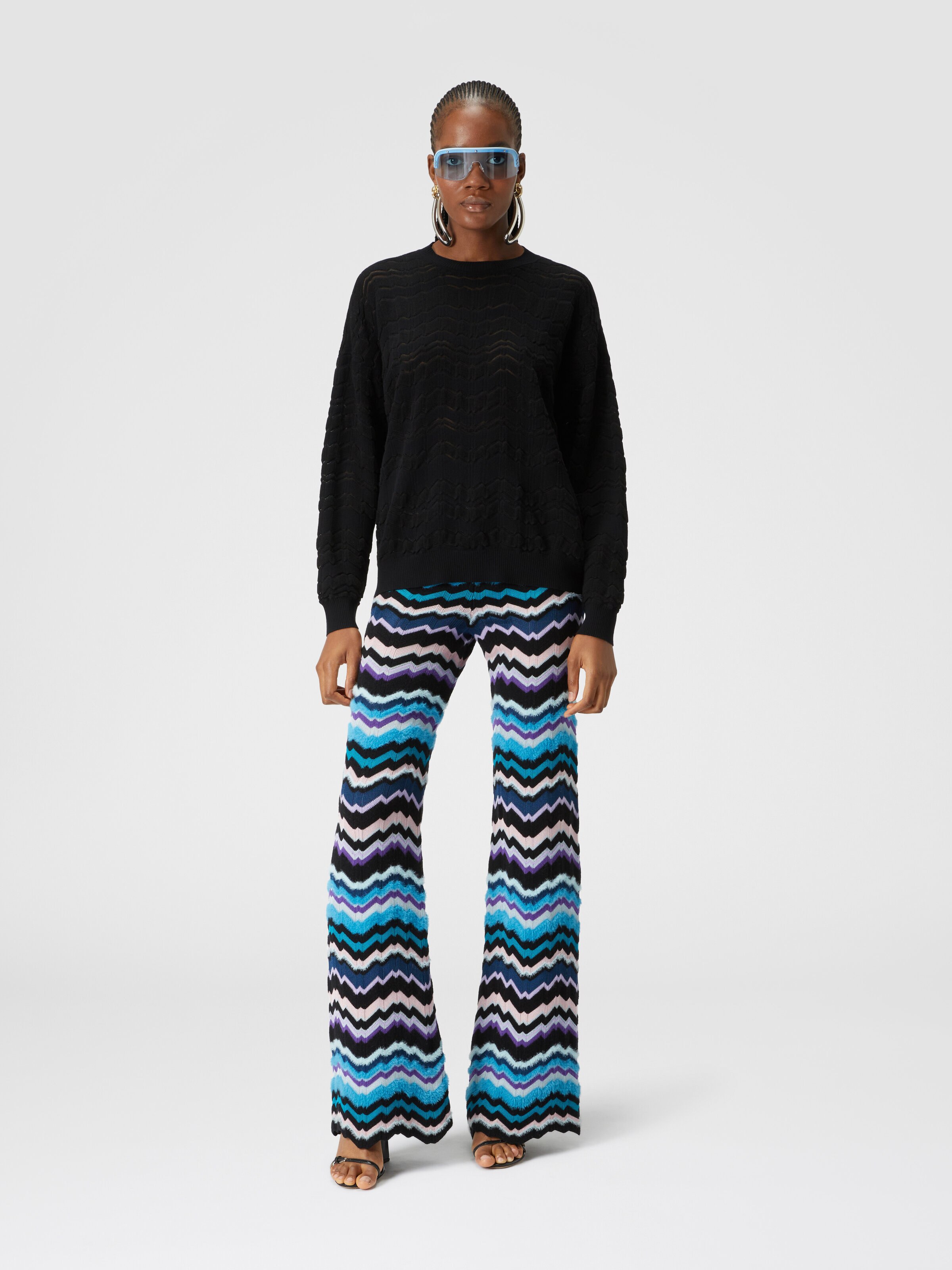 Crewneck pullover with tone-on-tone zigzag, Black    - 1