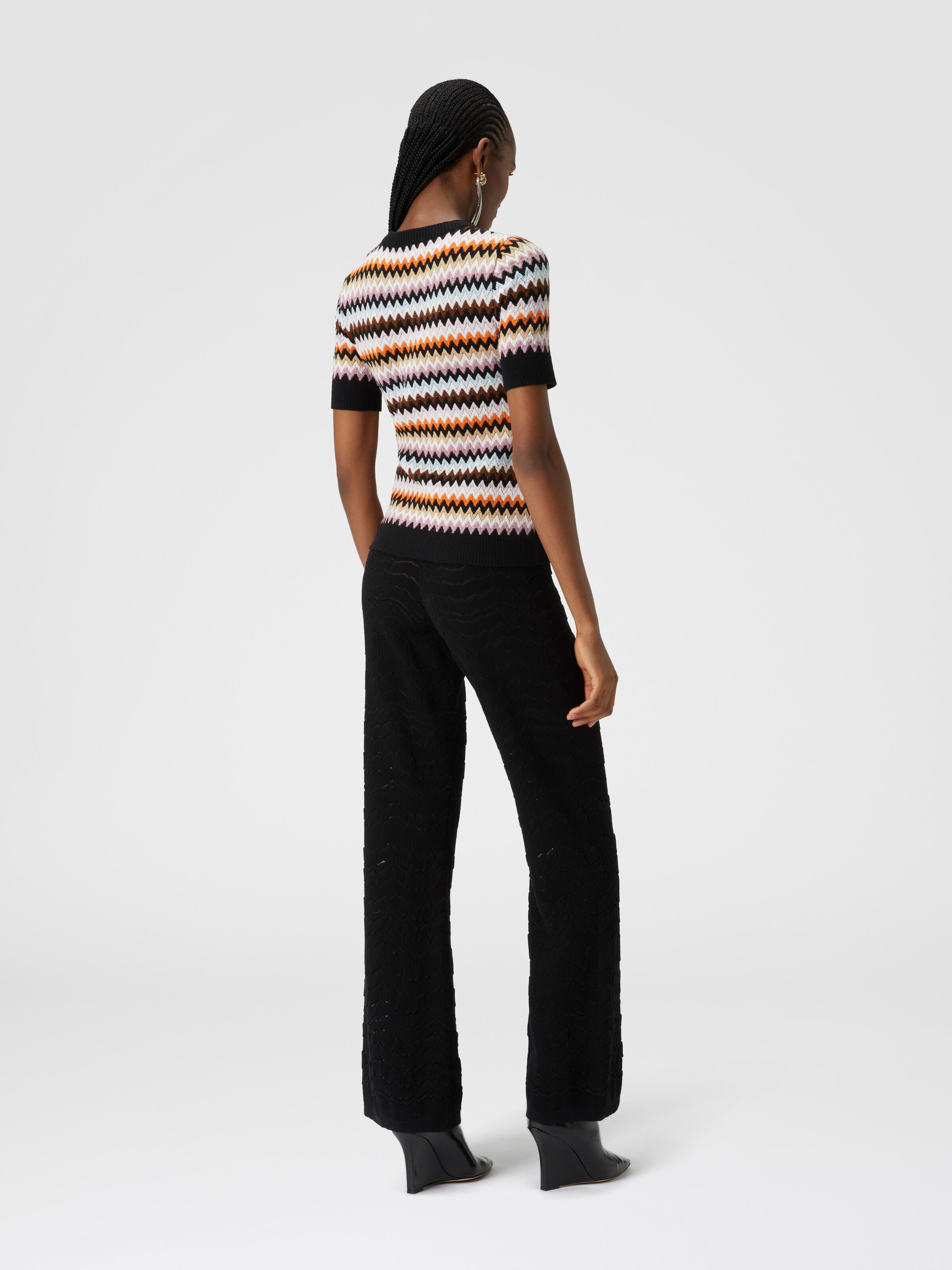 Short-sleeved crewneck pullover in zigzag wool, Multicoloured  - 2