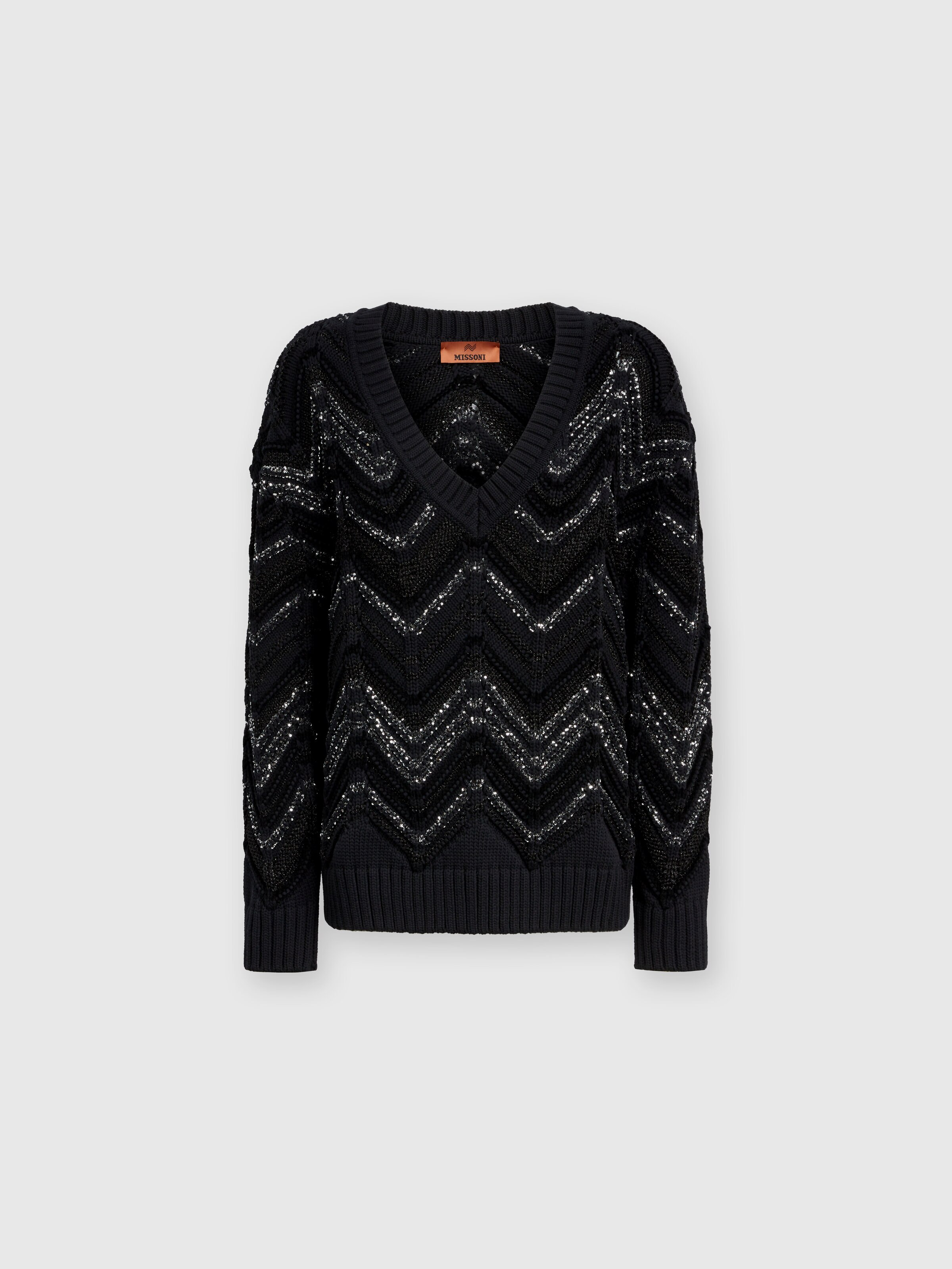 Oversize-Pullover mit Zick-Zack-Muster und Pailletten, Schwarz    - 0