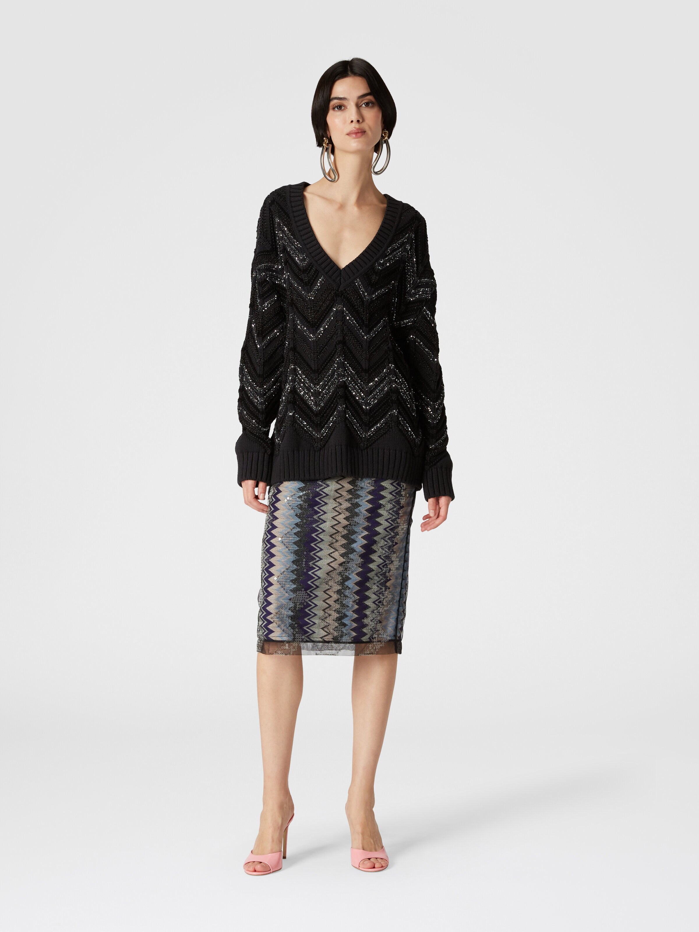 Oversize-Pullover mit Zick-Zack-Muster und Pailletten, Schwarz    - 1