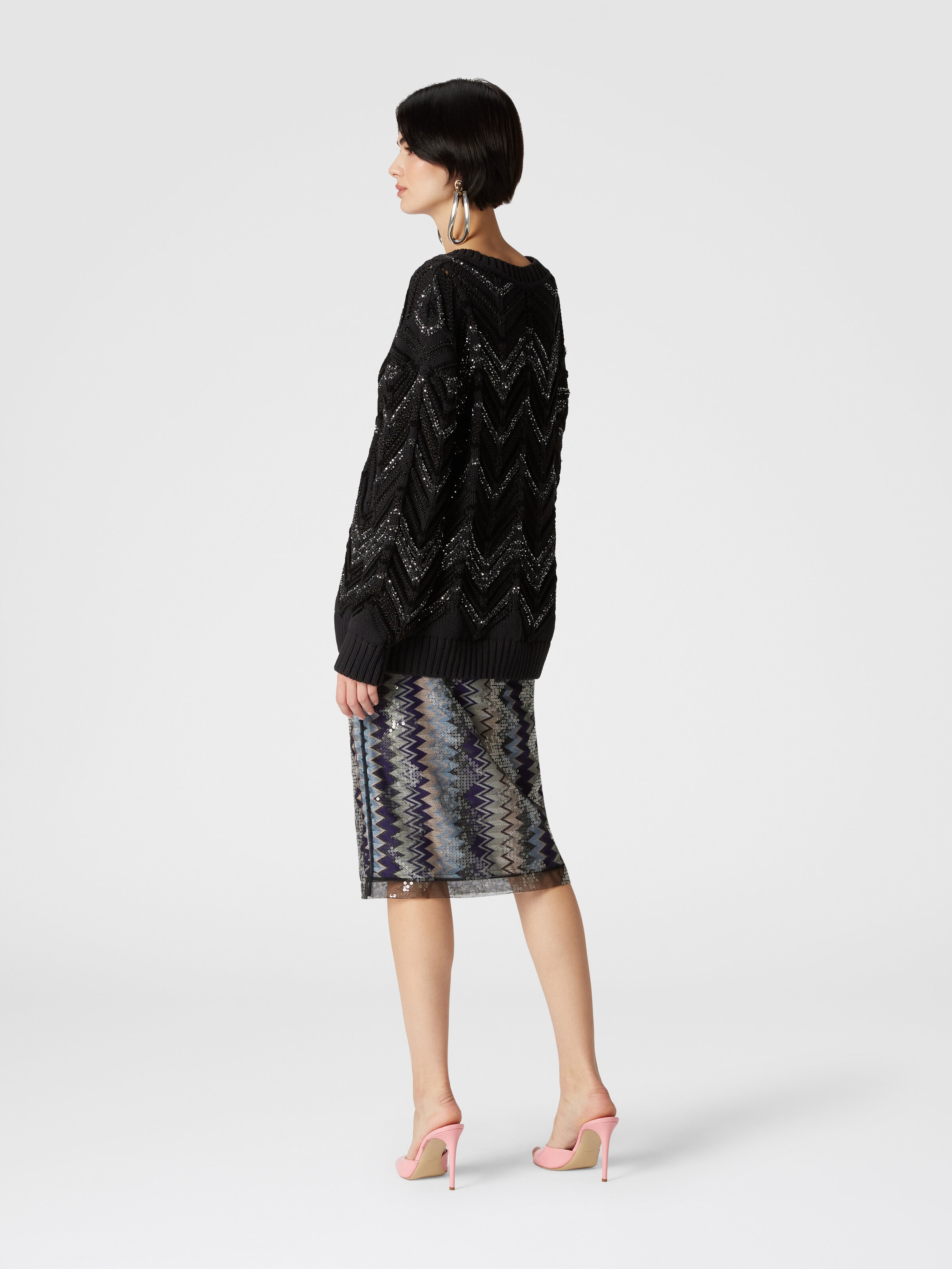 Oversize-Pullover mit Zick-Zack-Muster und Pailletten, Schwarz    - 2