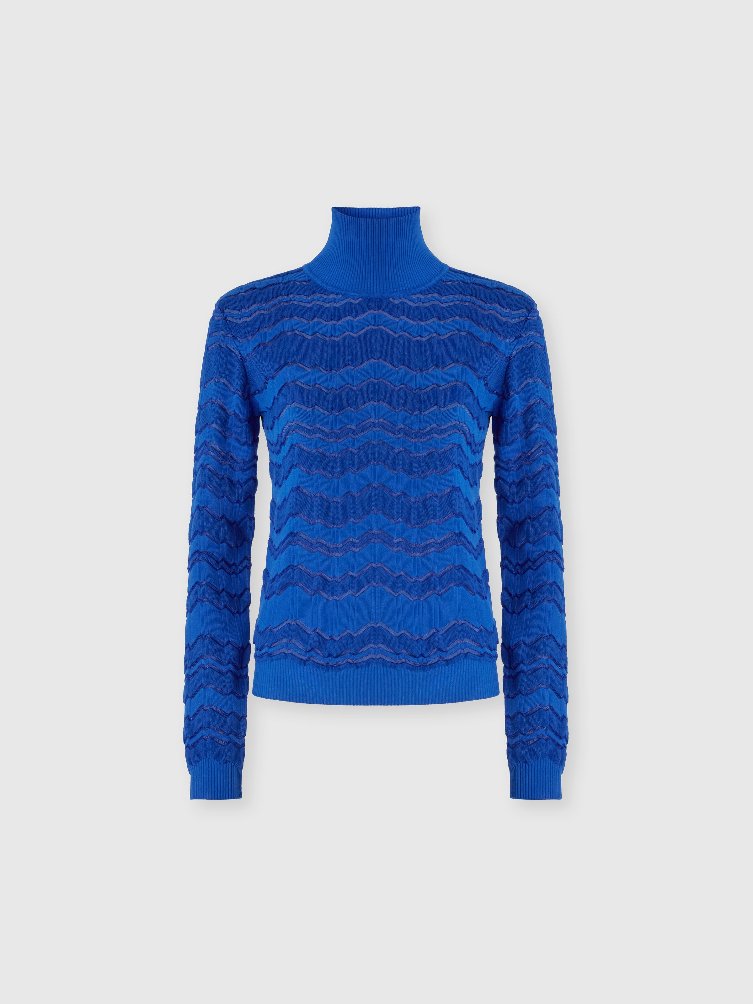 Jersey de cuello alto de viscosa y lana con zigzag tono sobre tono, Azul Oscuro - 0