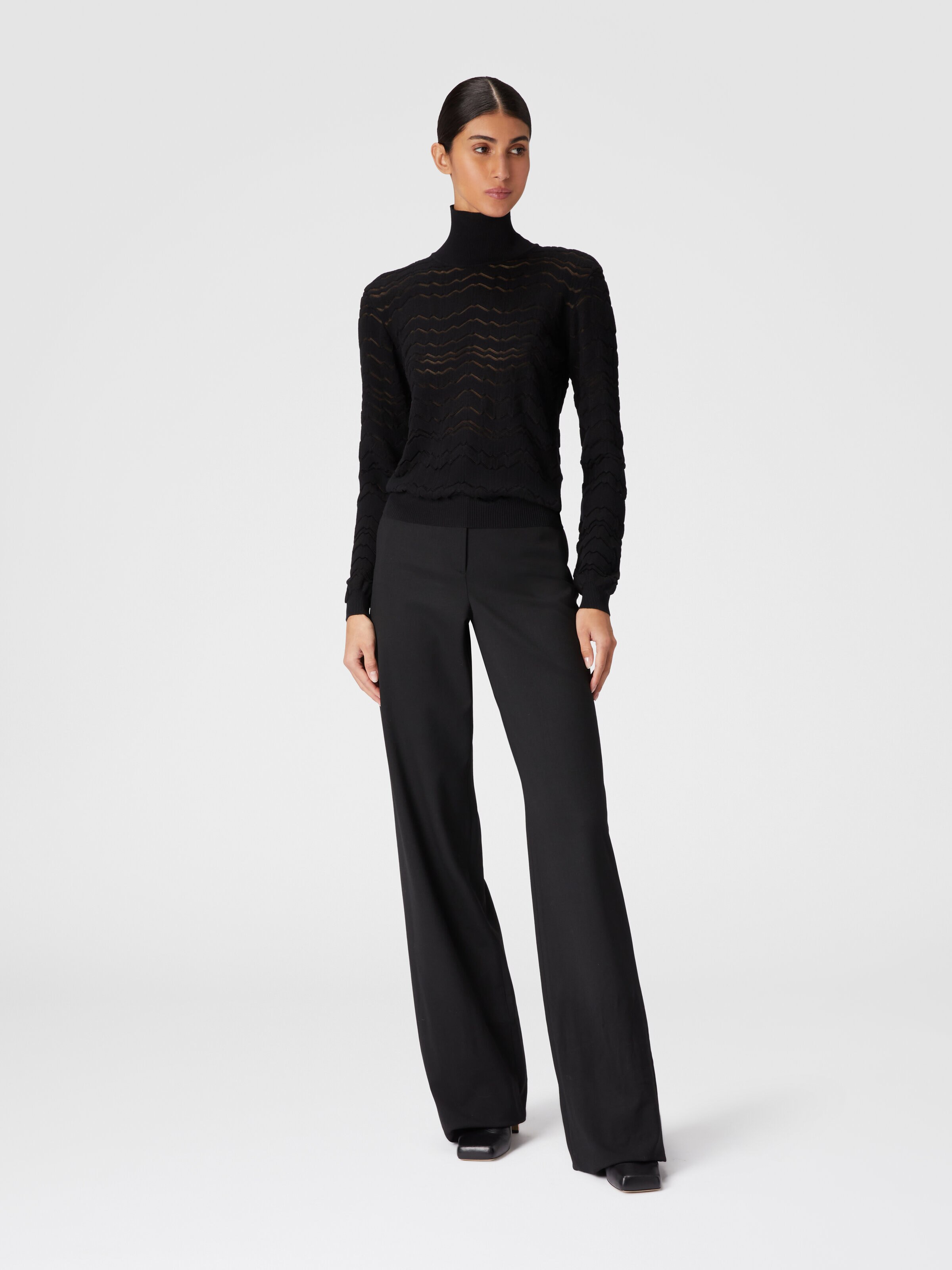 Viscose and wool turtleneck with tone-on-tone zigzag, Black    - 1