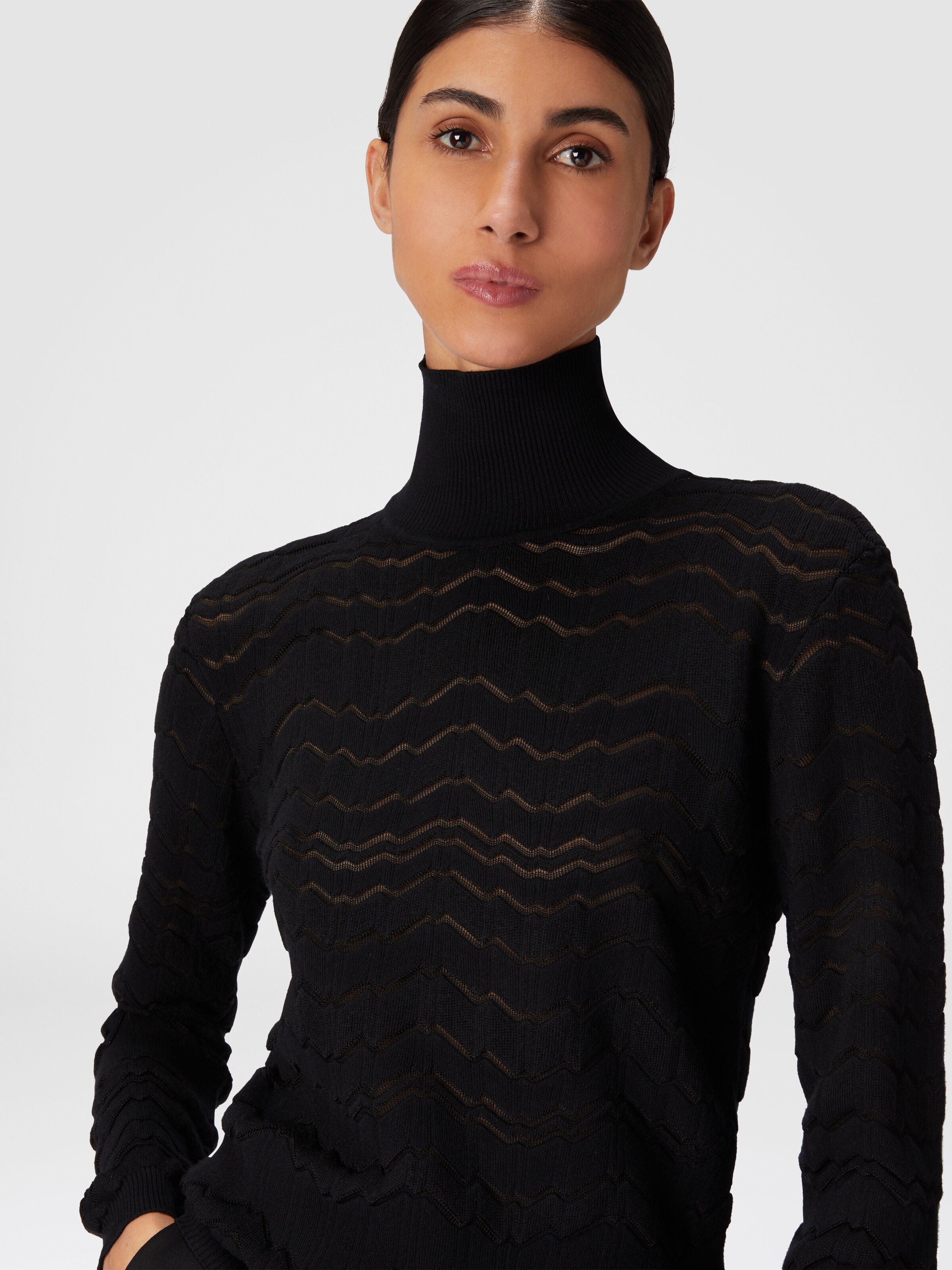 Viscose and wool turtleneck with tone-on-tone zigzag, Black    - 3