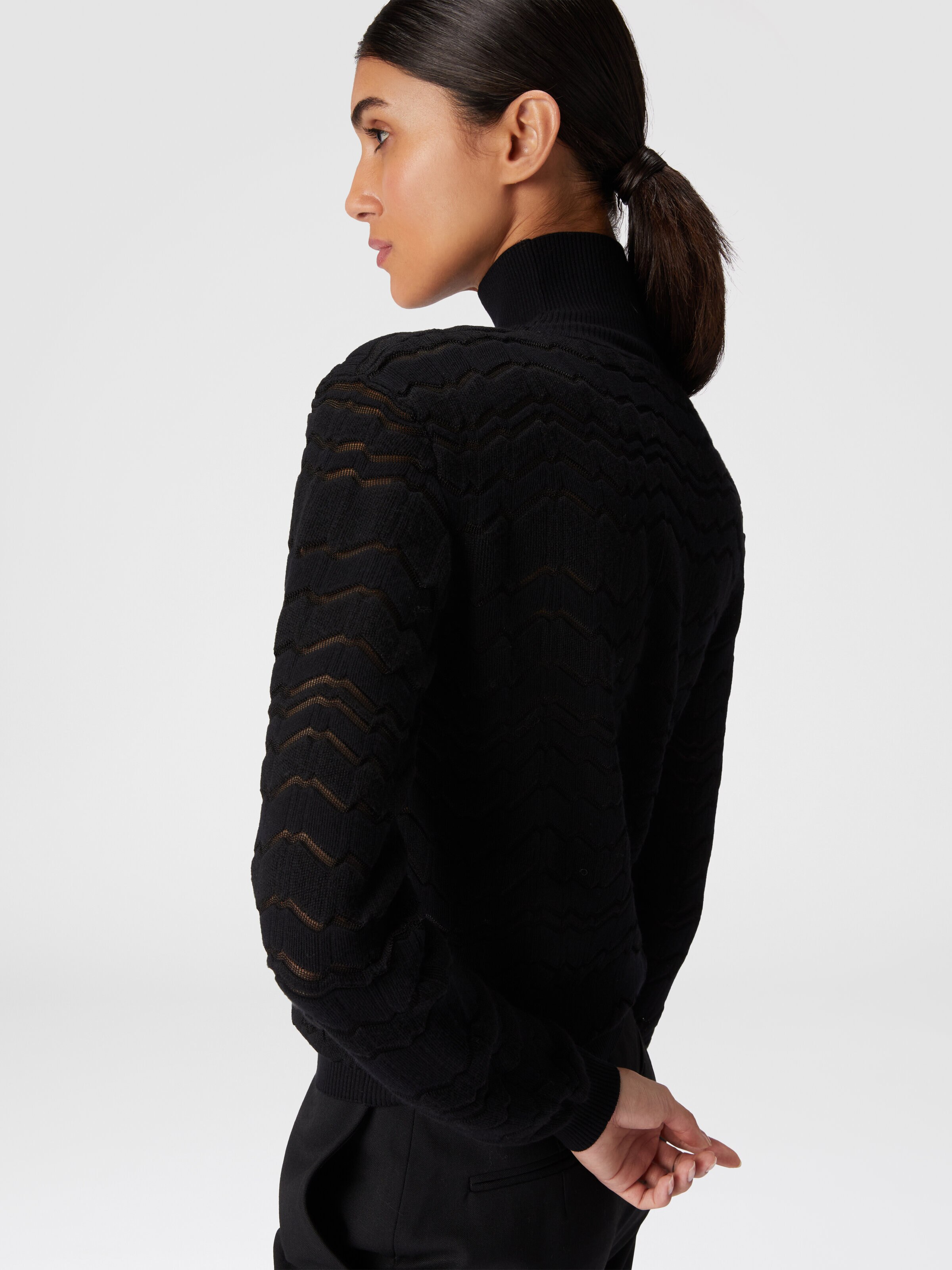 Viscose and wool turtleneck with tone-on-tone zigzag, Black    - 4