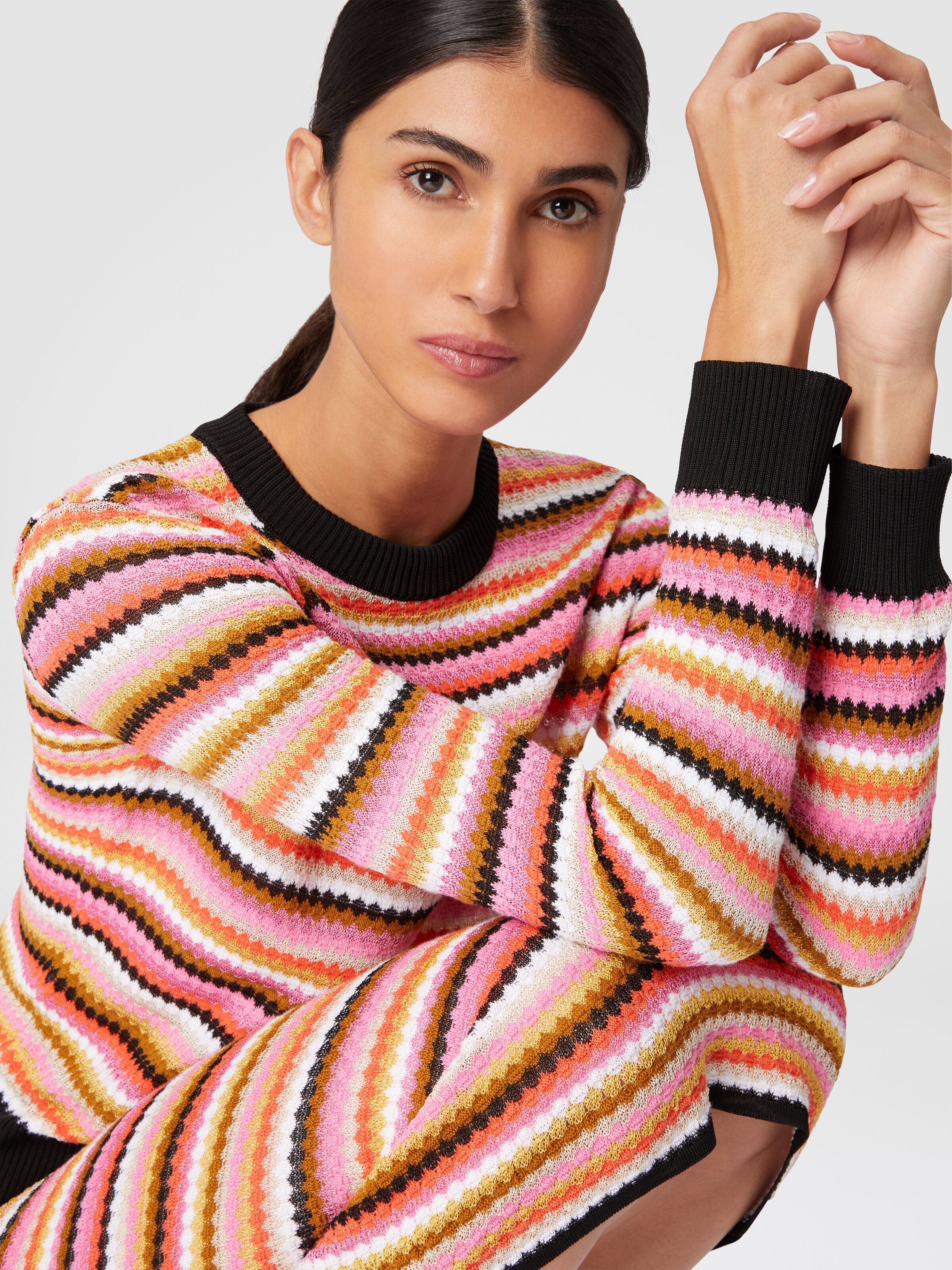 Striped wool and viscose crewneck pullover, Multicoloured  - 3