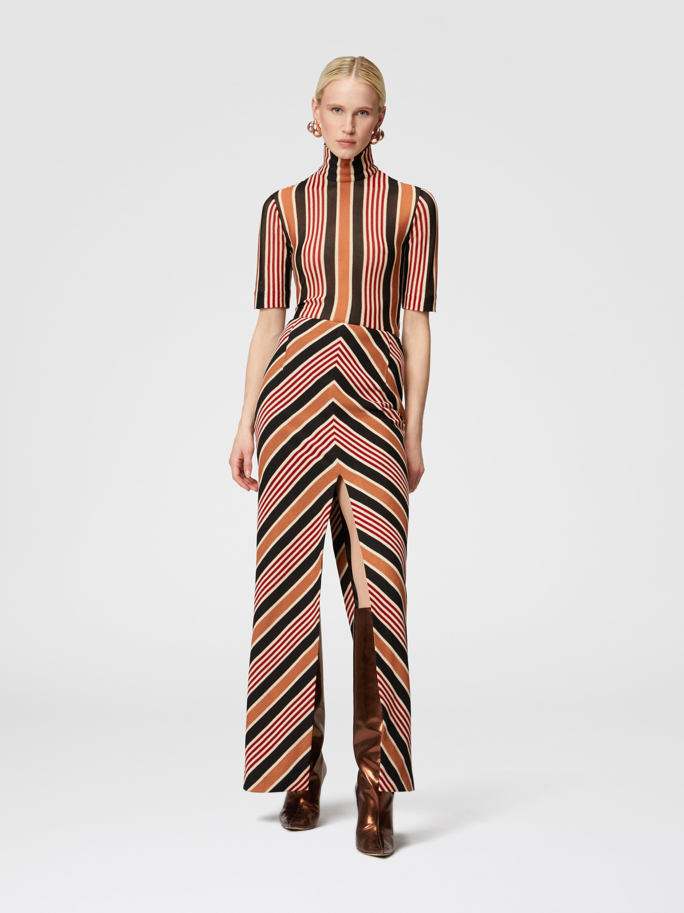 Short-sleeved turtleneck in striped cotton and viscose, Multicoloured  - 1
