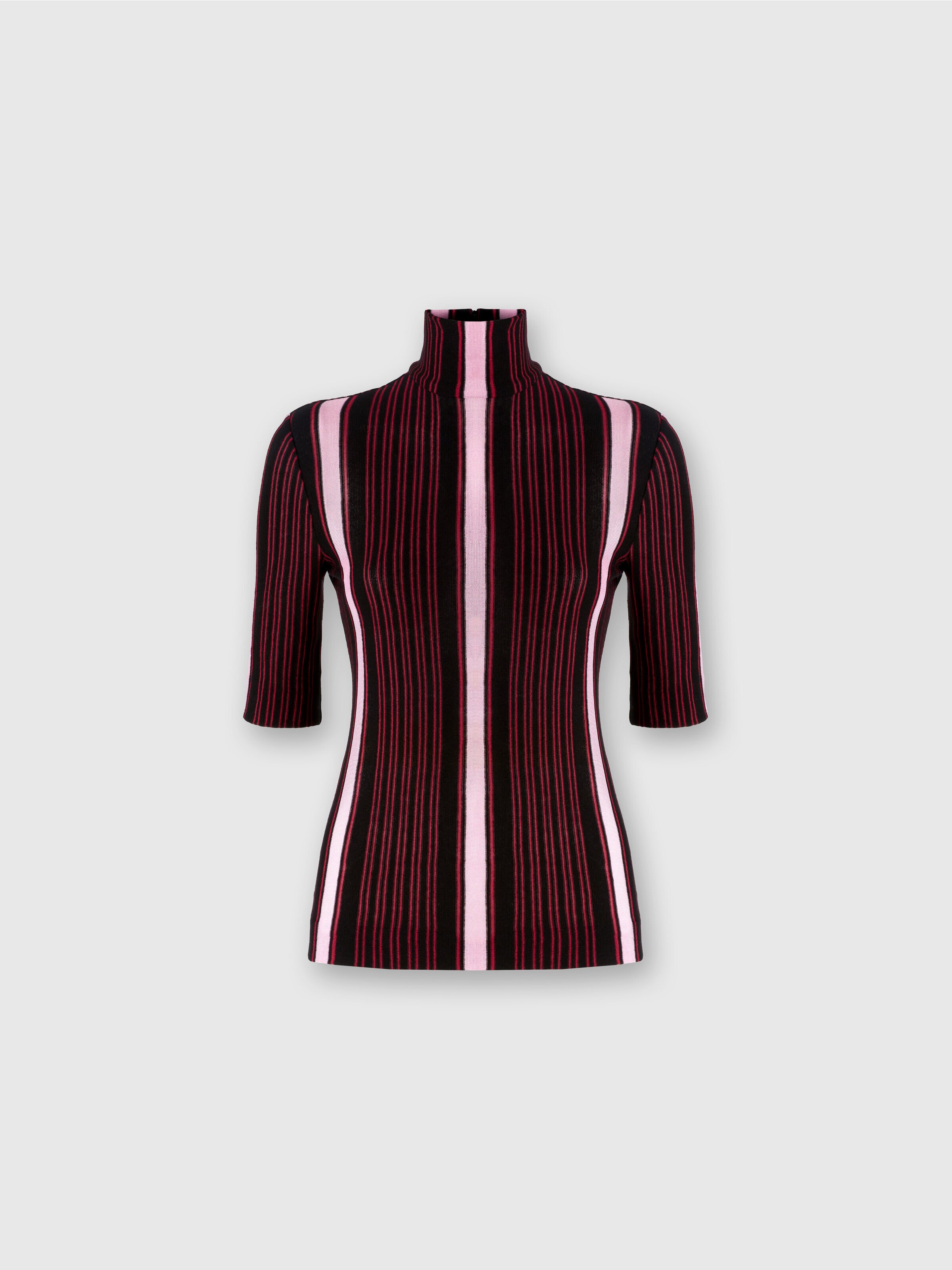 Short-sleeved turtleneck in striped cotton and viscose, Black & Pink - 0