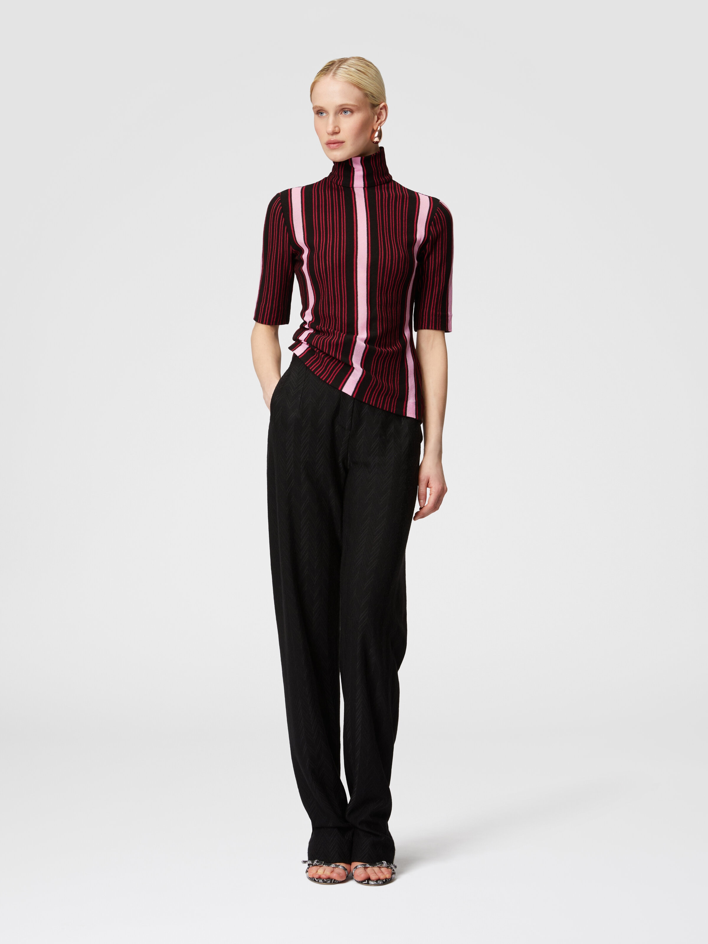 Short-sleeved turtleneck in striped cotton and viscose, Black & Pink - 1