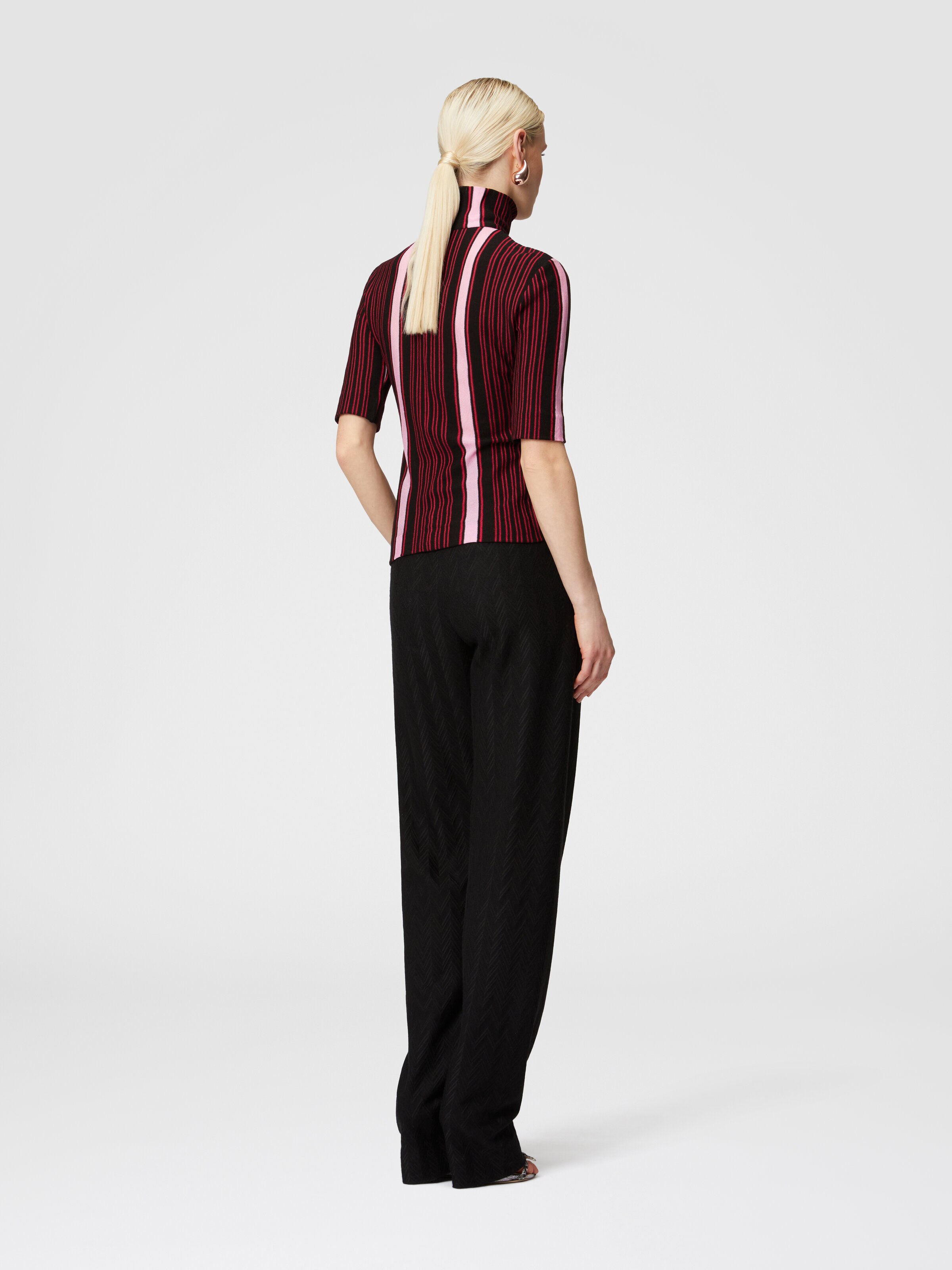 Short-sleeved turtleneck in striped cotton and viscose, Black & Pink - 2