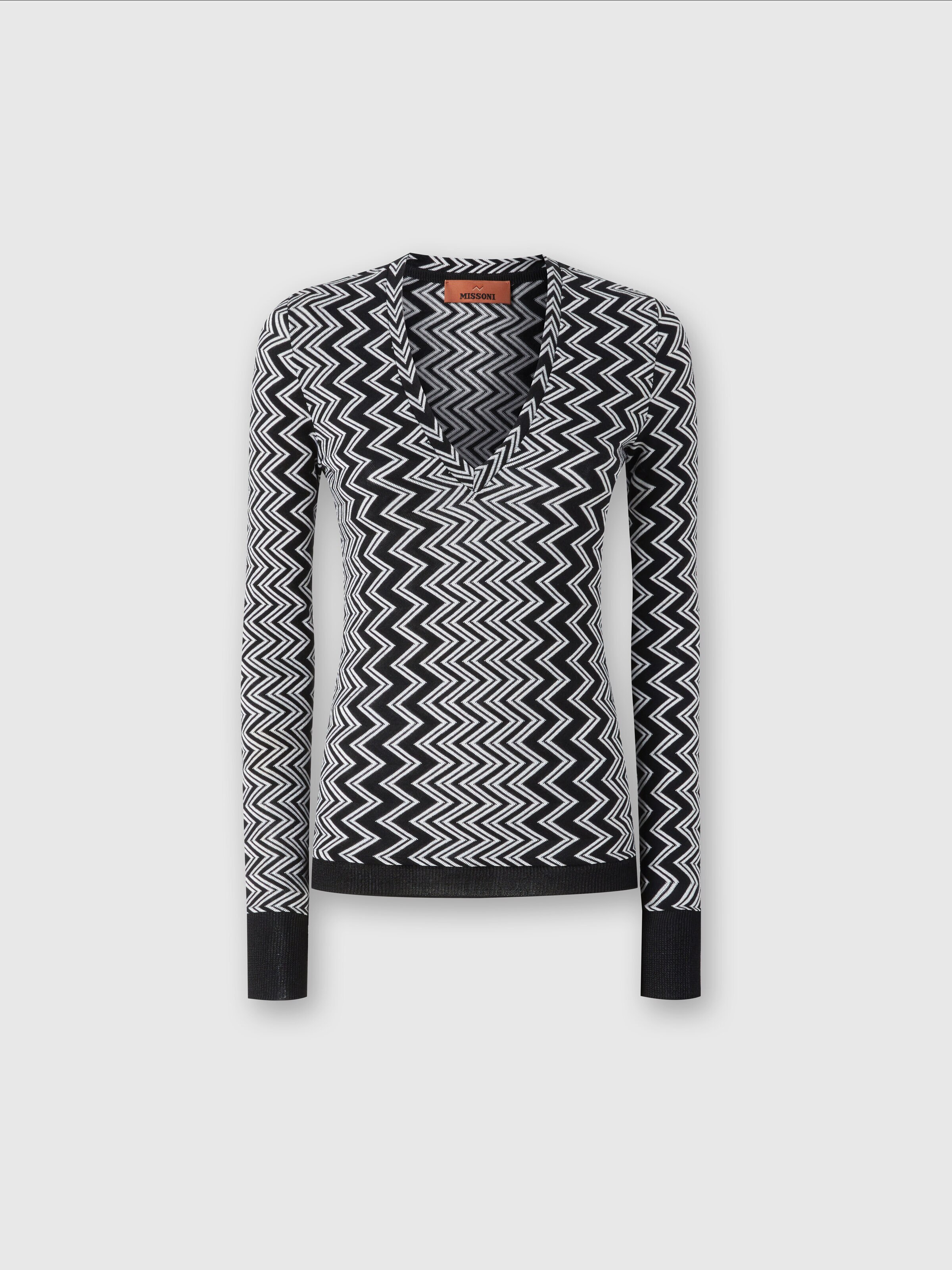 V-neck sweater in wool and viscose zig zag, Black & White - 0