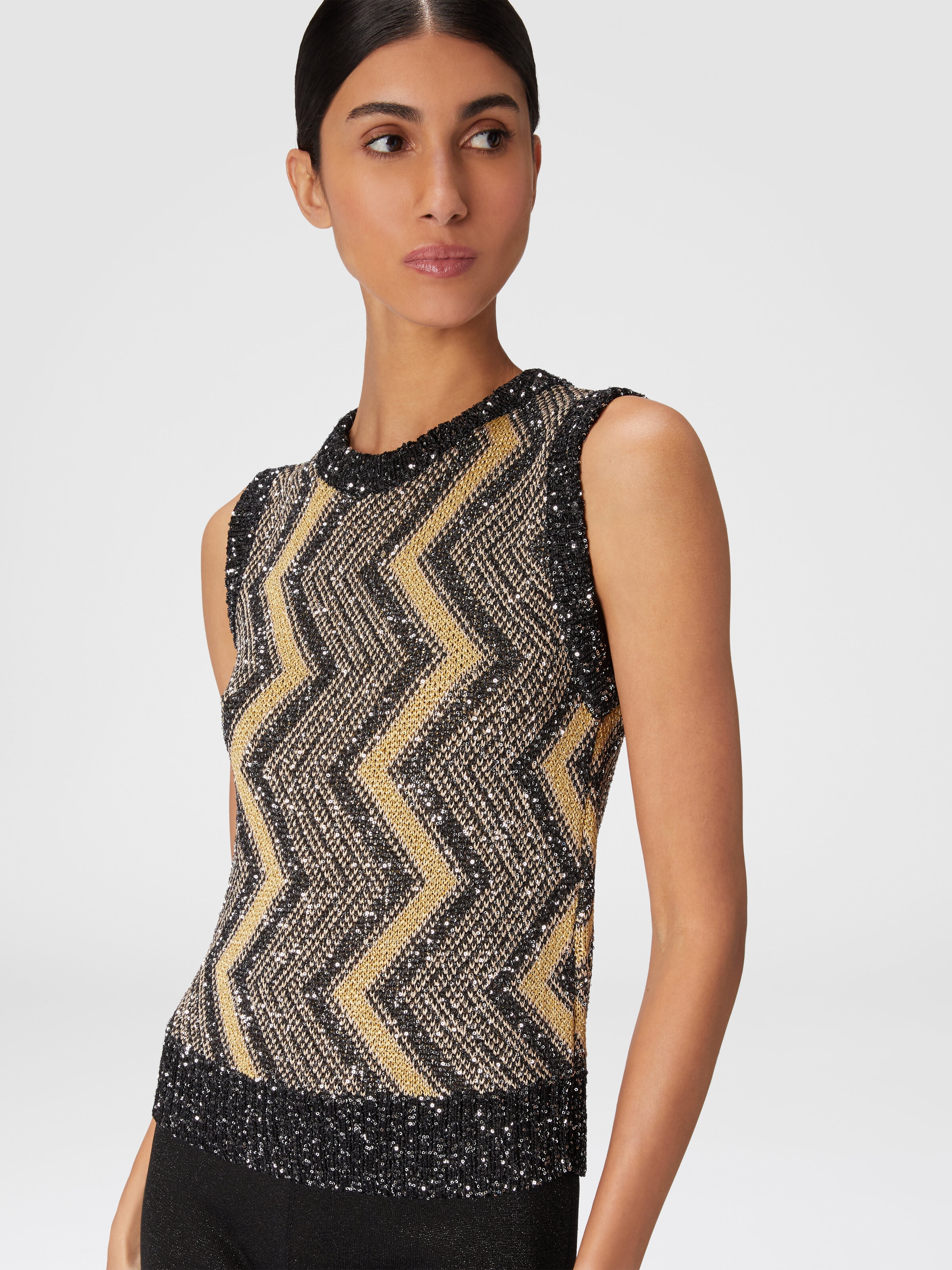 Gilet avec macro zig zag et paillettes, Noir & Or - 3