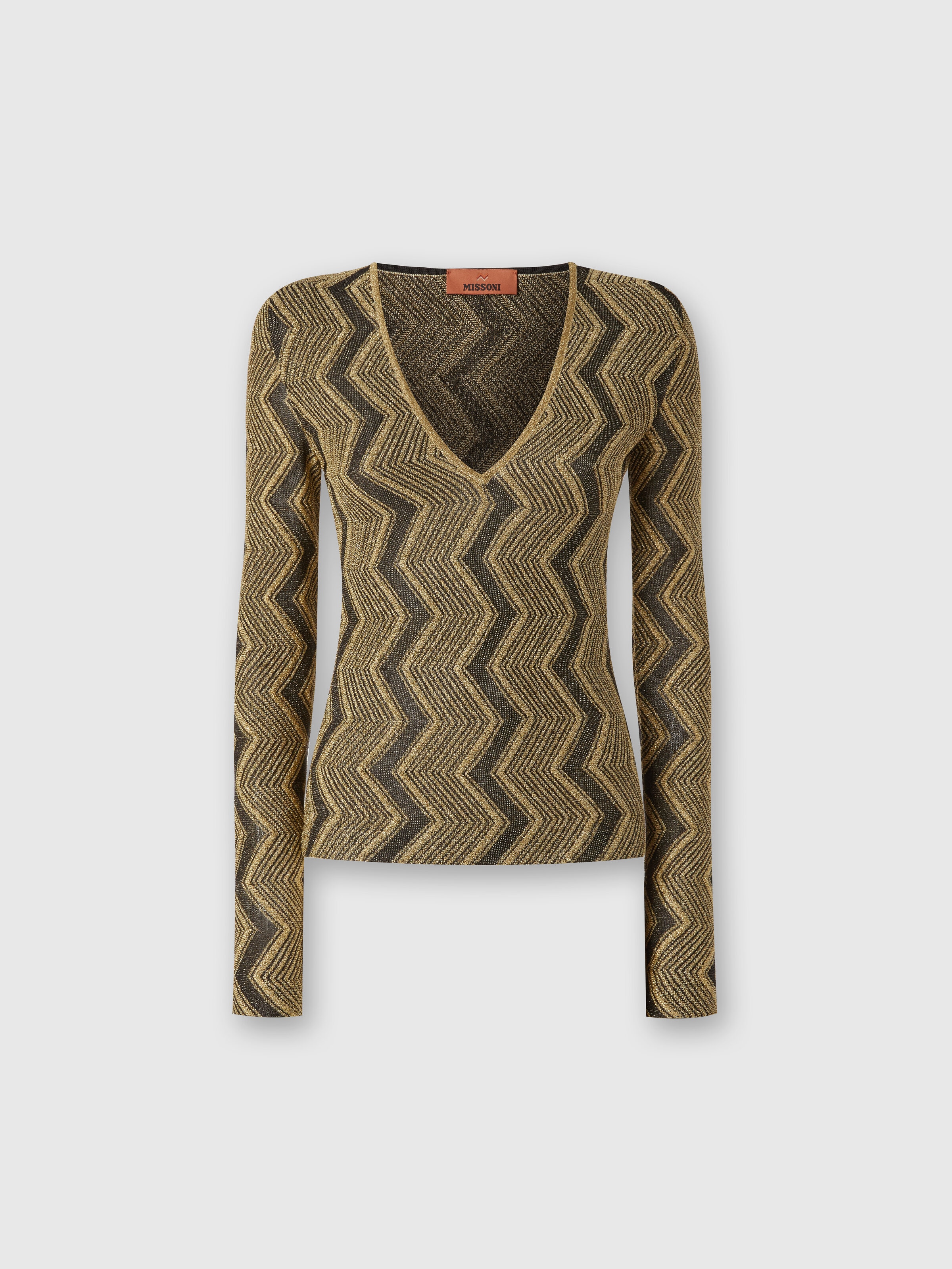 Pull col V en viscose lamée zig zag, Noir & Or - 0