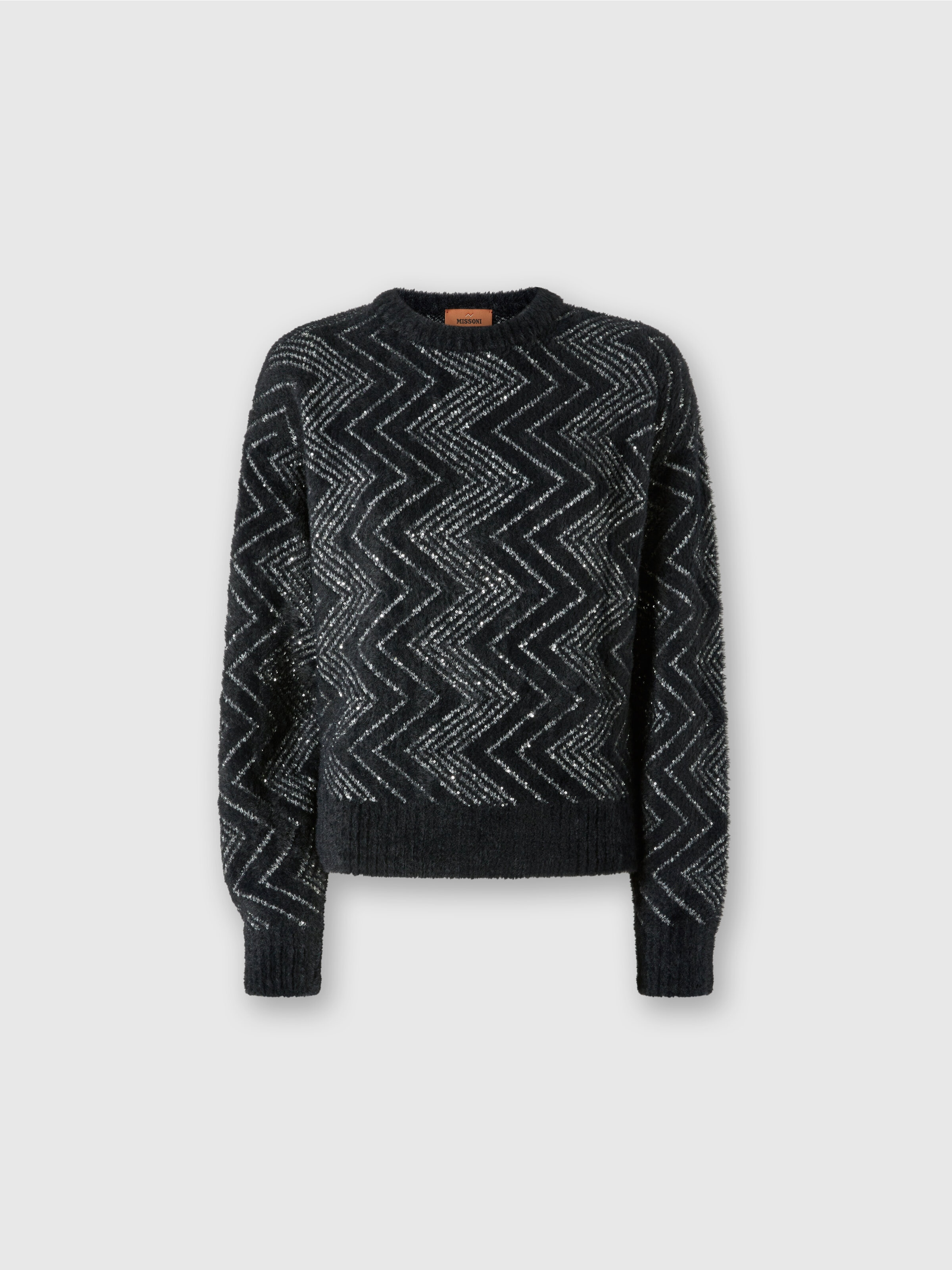 Zigzag crewneck pullover with sequins, Black & Silver - 0