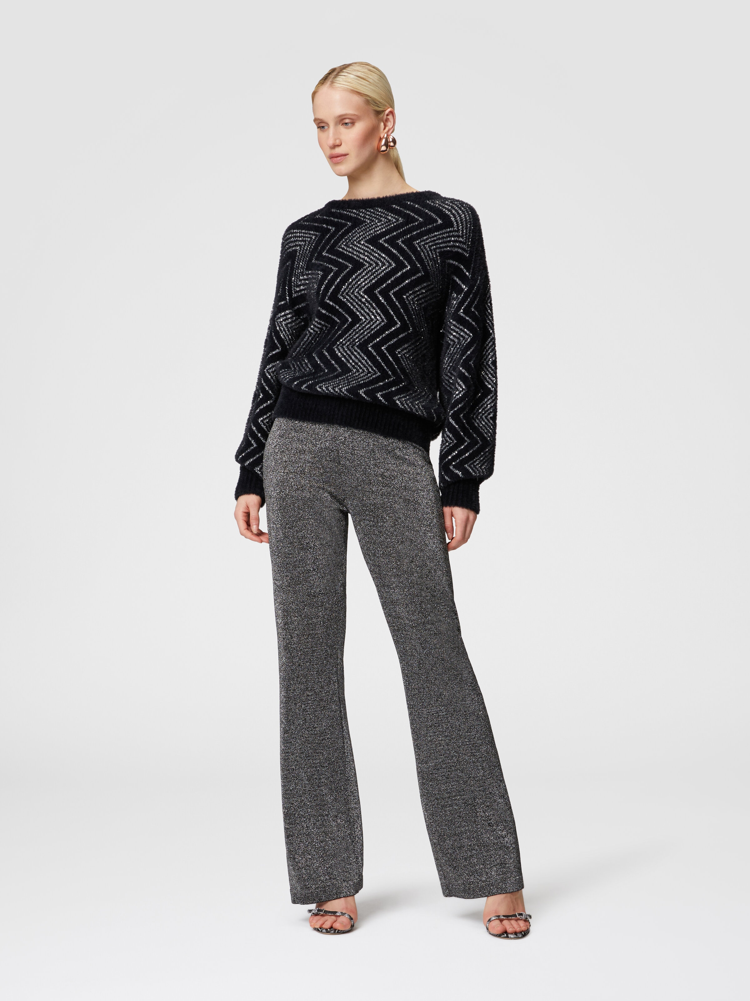 Zigzag crewneck pullover with sequins, Black & Silver - 1