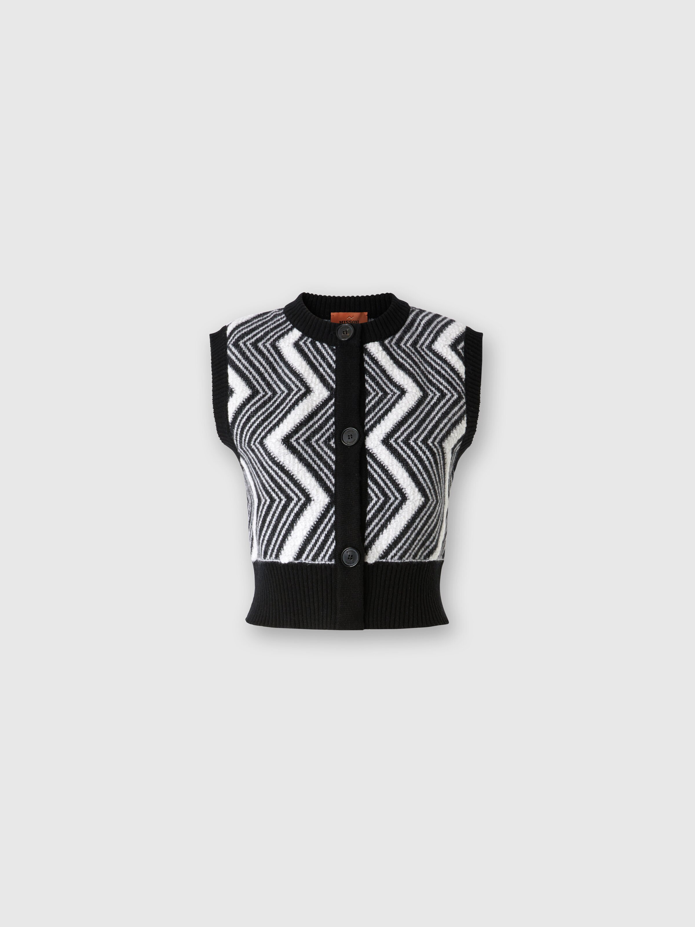 Wool bolero with buttons and terrycloth stitch chevron, Black & White - 0