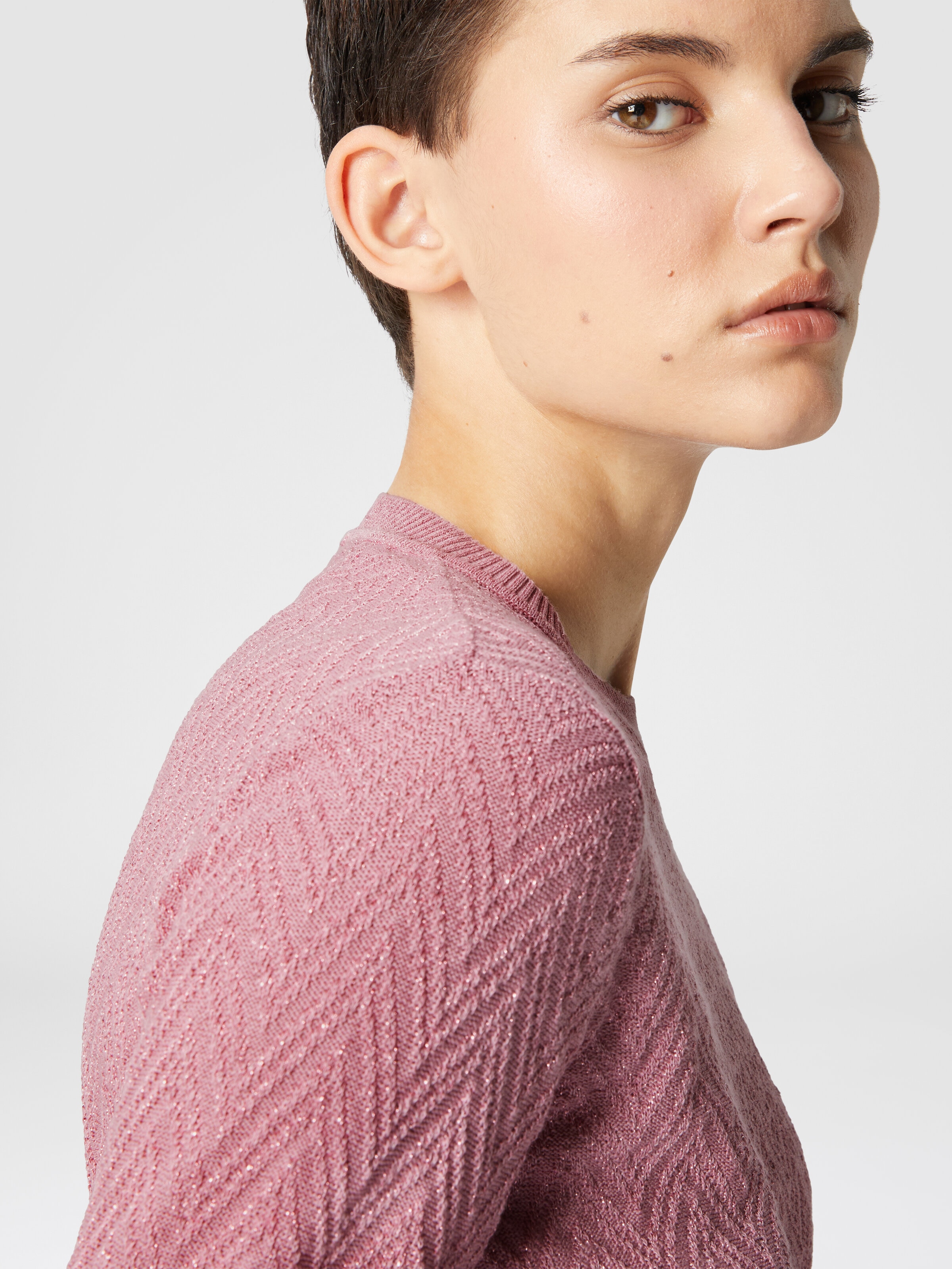 Jersey de cuello redondo de manga larga con motivo chevron, Rosa   - 4