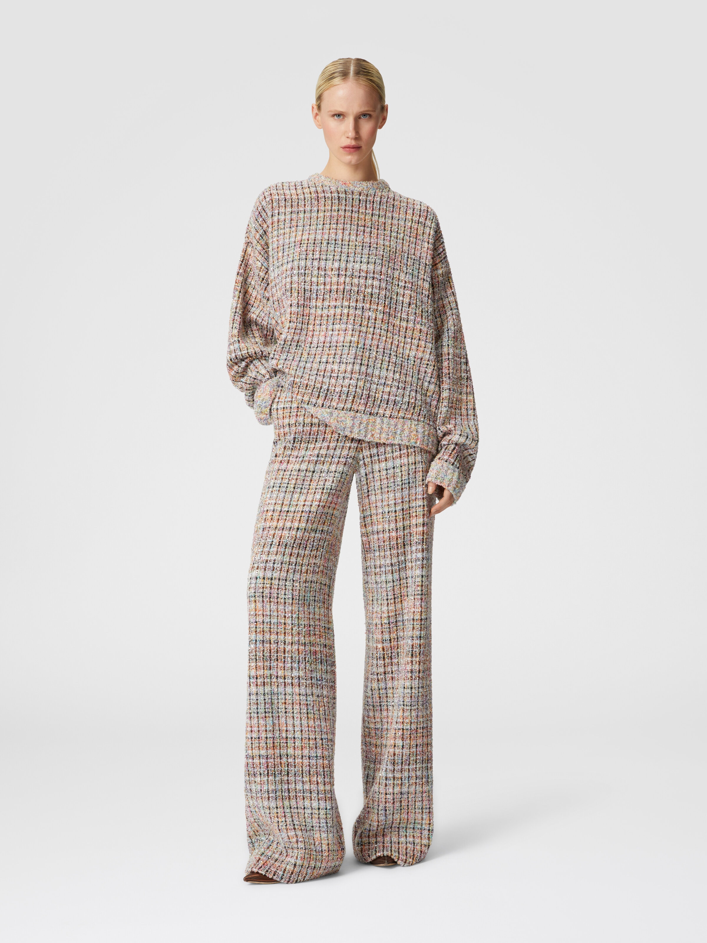 Bouclé checkered crewneck sweatshirt with sequins, Multicoloured  - 1