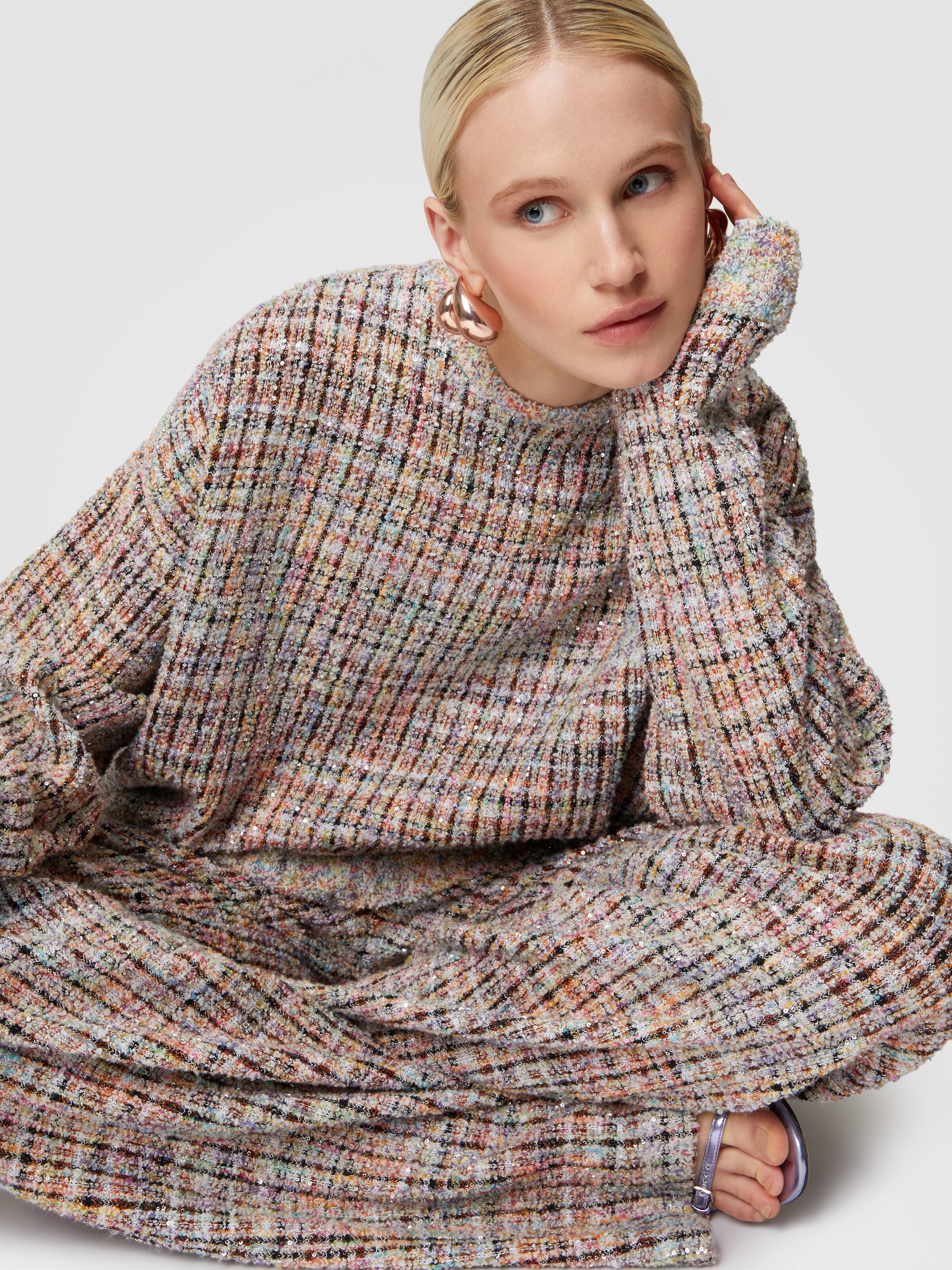 Bouclé checkered crewneck sweatshirt with sequins, Multicoloured  - 3