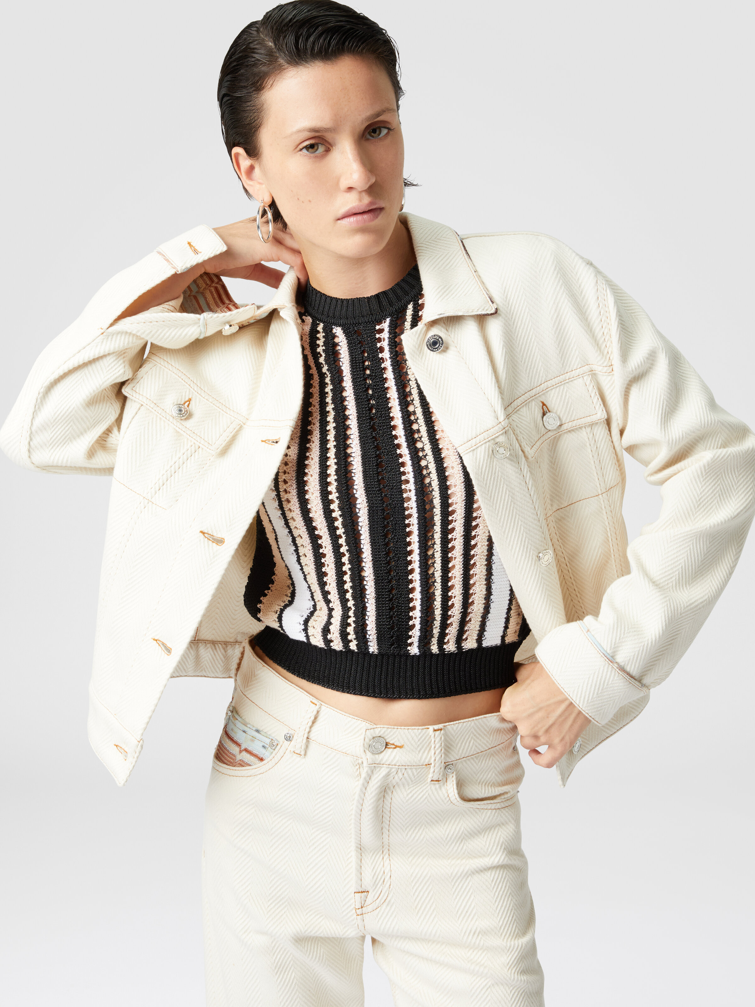 Denim jacket with zigzag greek inserts, Multicoloured  - 4