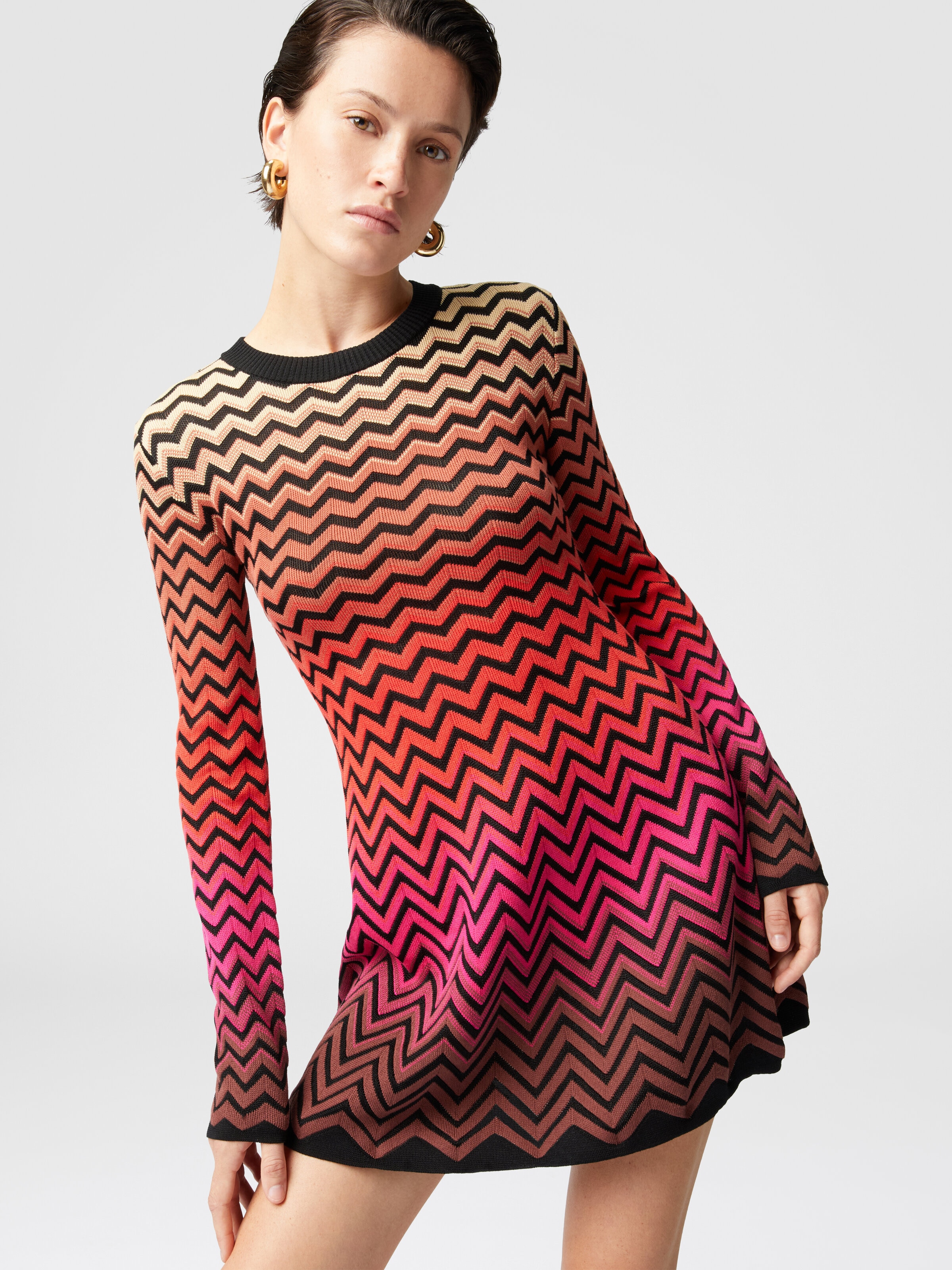 Flared mini-dress with dégradé chevron motif, Multicoloured  - 3