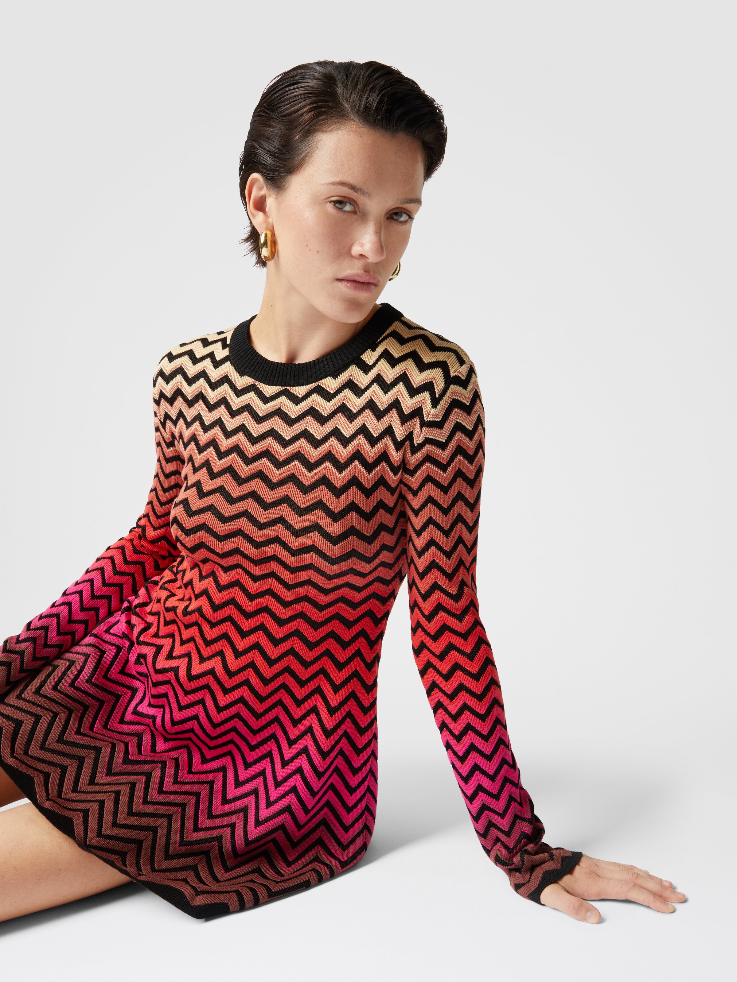 Flared mini-dress with dégradé chevron motif, Multicoloured  - 4
