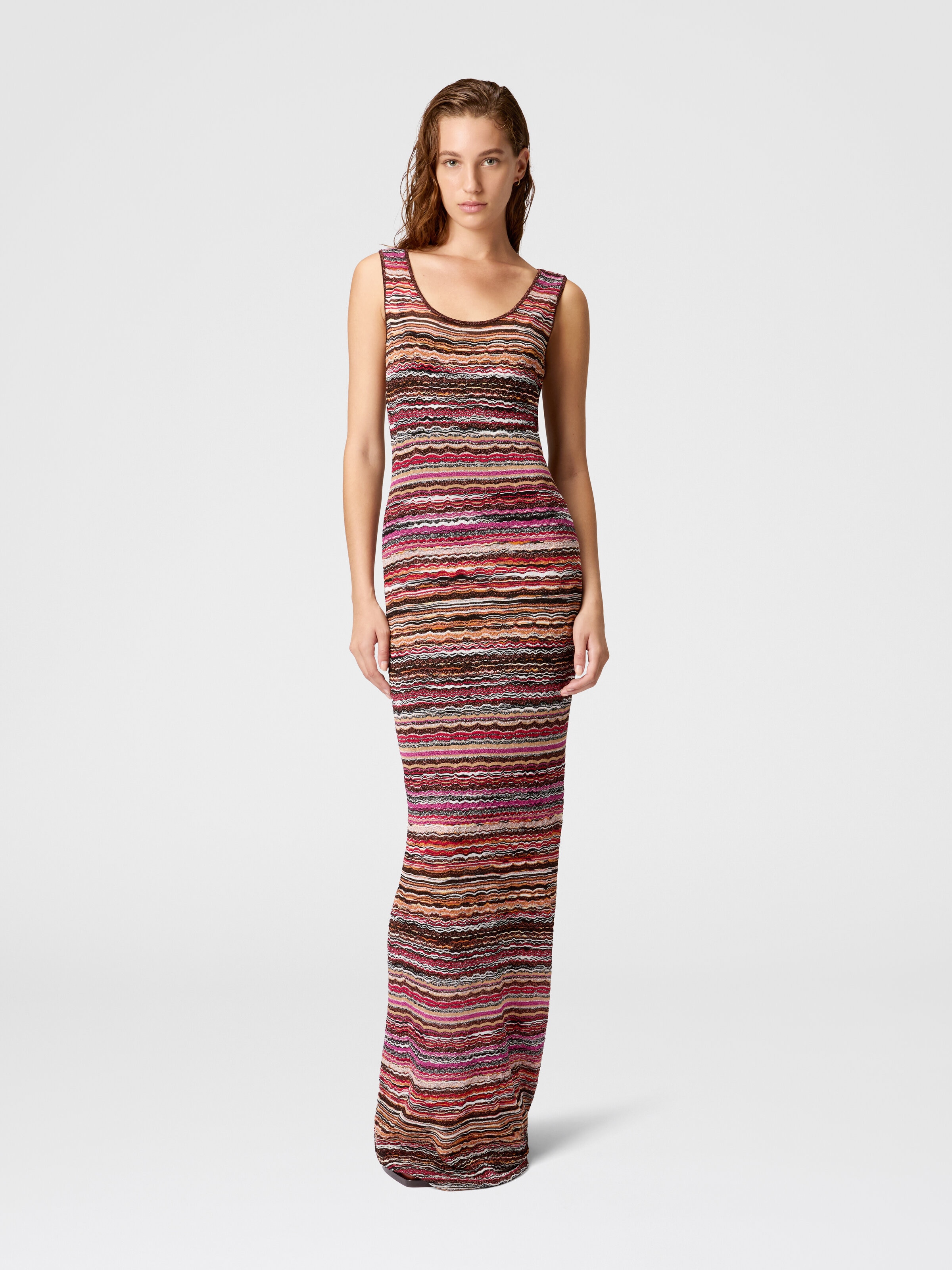 Long dress in lamé viscose with wave motif, Multicoloured  - 1