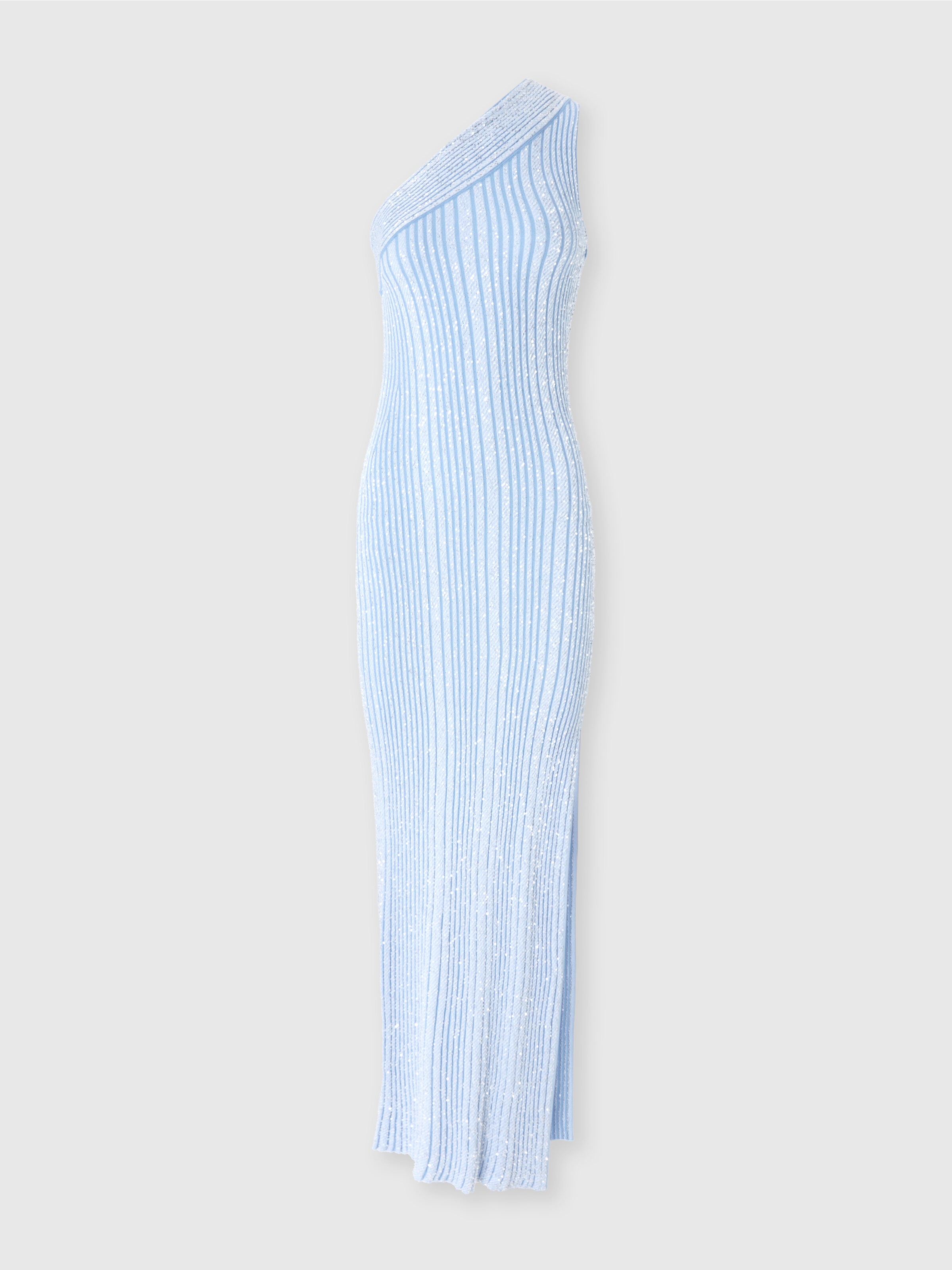Langes One-Shoulder-Rippkleid mit Pailletten und Schlitz, Hellblau - 0