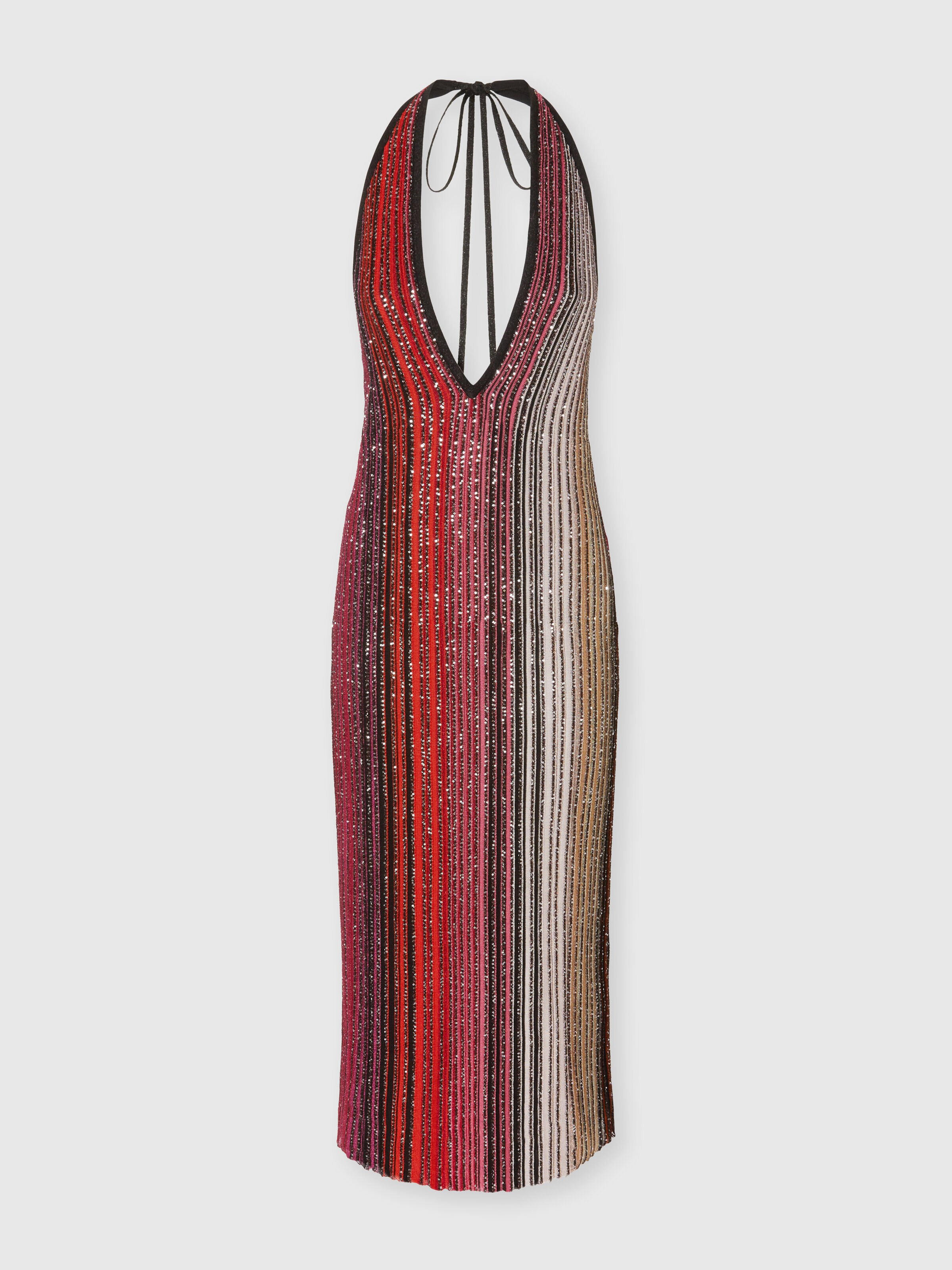 Striped partialized midi dress with sequins and V-neck, Black & Red - 0