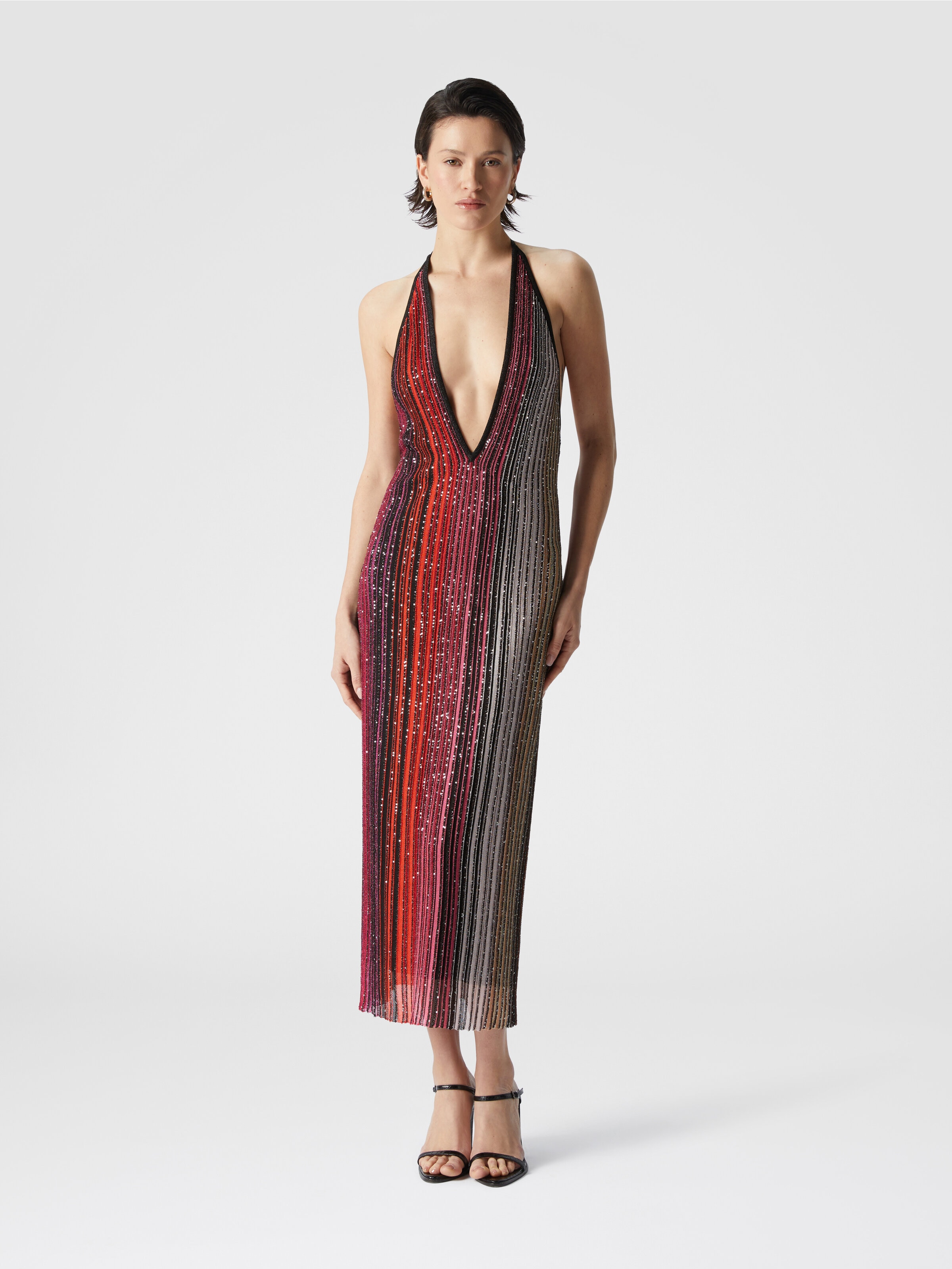 Striped partialized midi dress with sequins and V-neck, Black & Red - 1