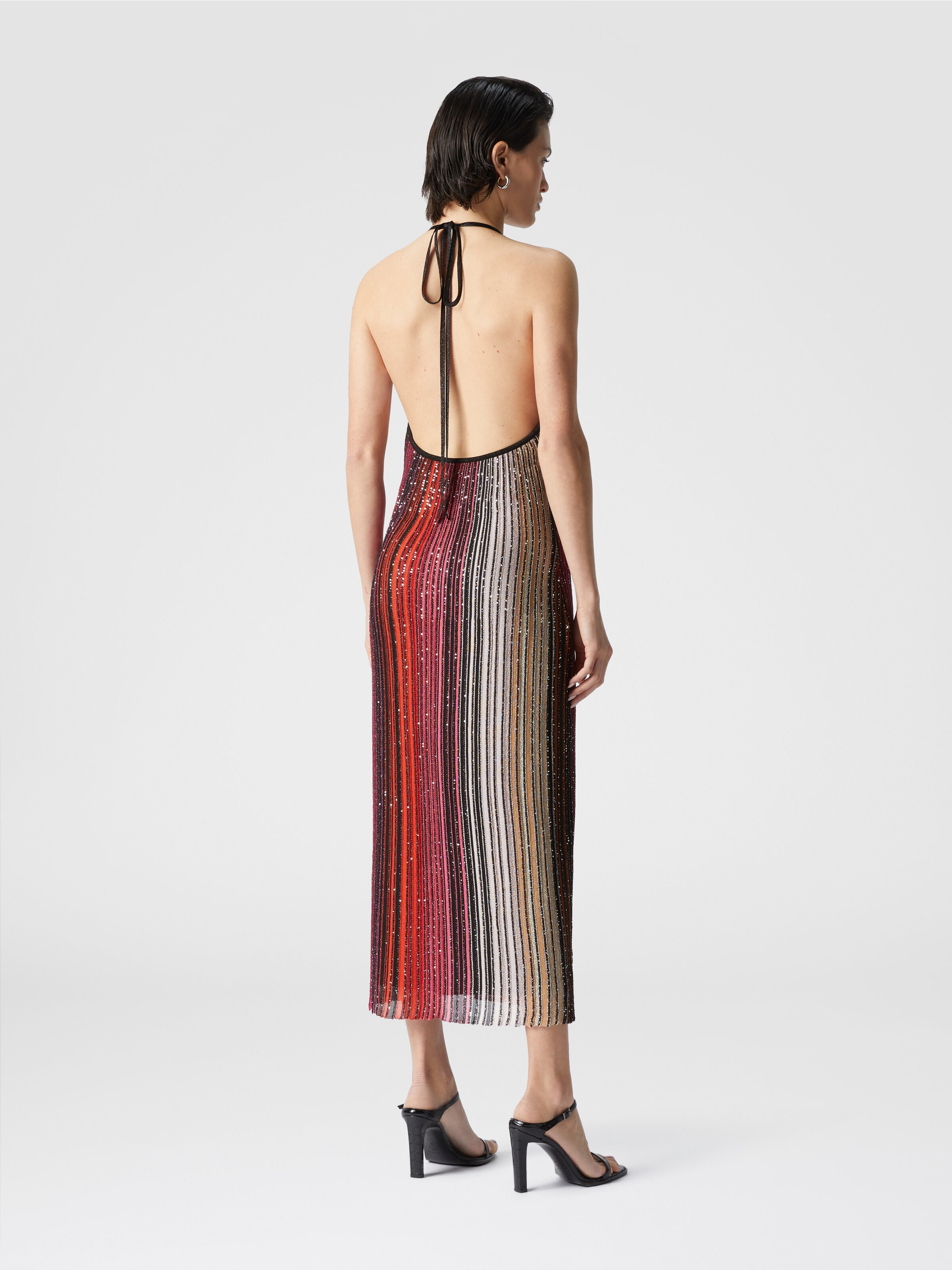 Striped partialized midi dress with sequins and V-neck, Black & Red - 2