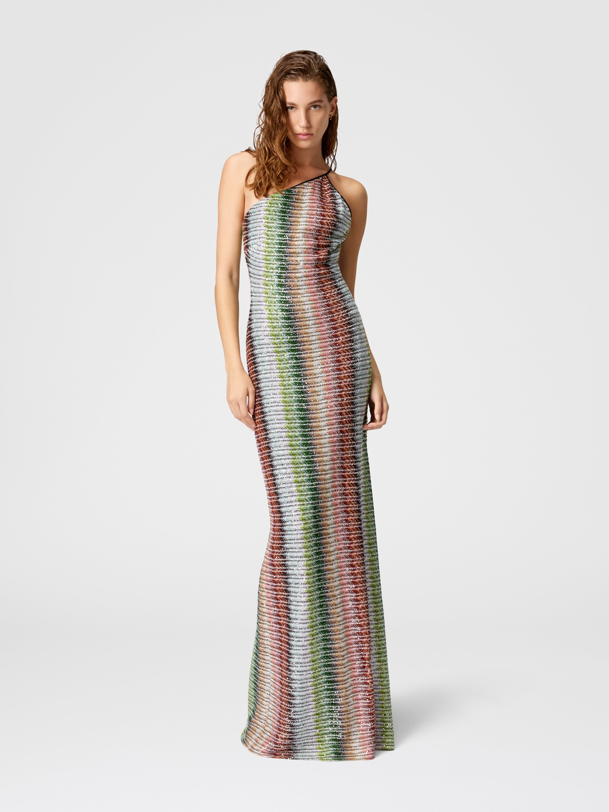 Long one-shoulder dress in gradient zigzag knit with sequins, Multicoloured  - 1