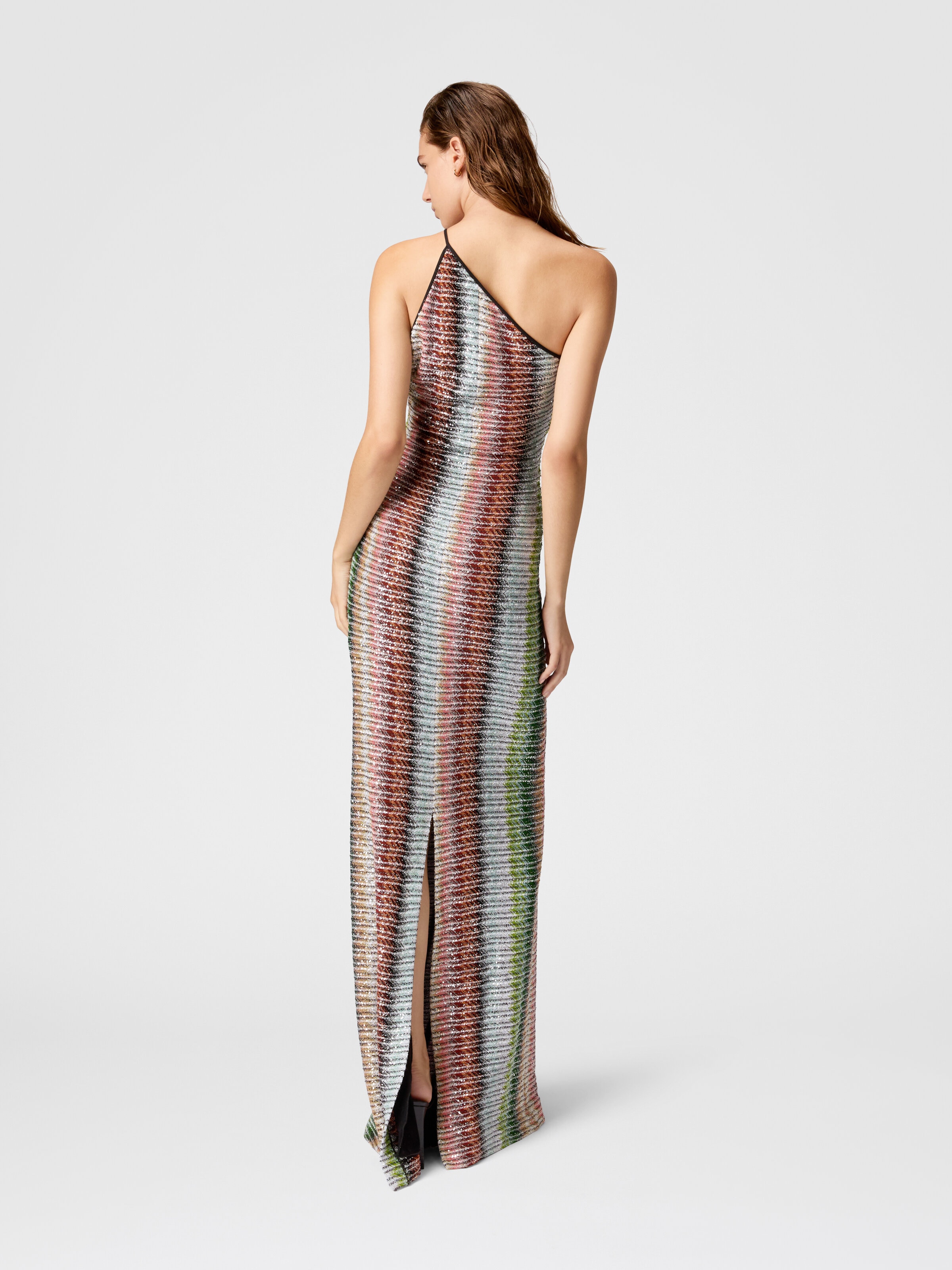Long one-shoulder dress in gradient zigzag knit with sequins, Multicoloured  - 2