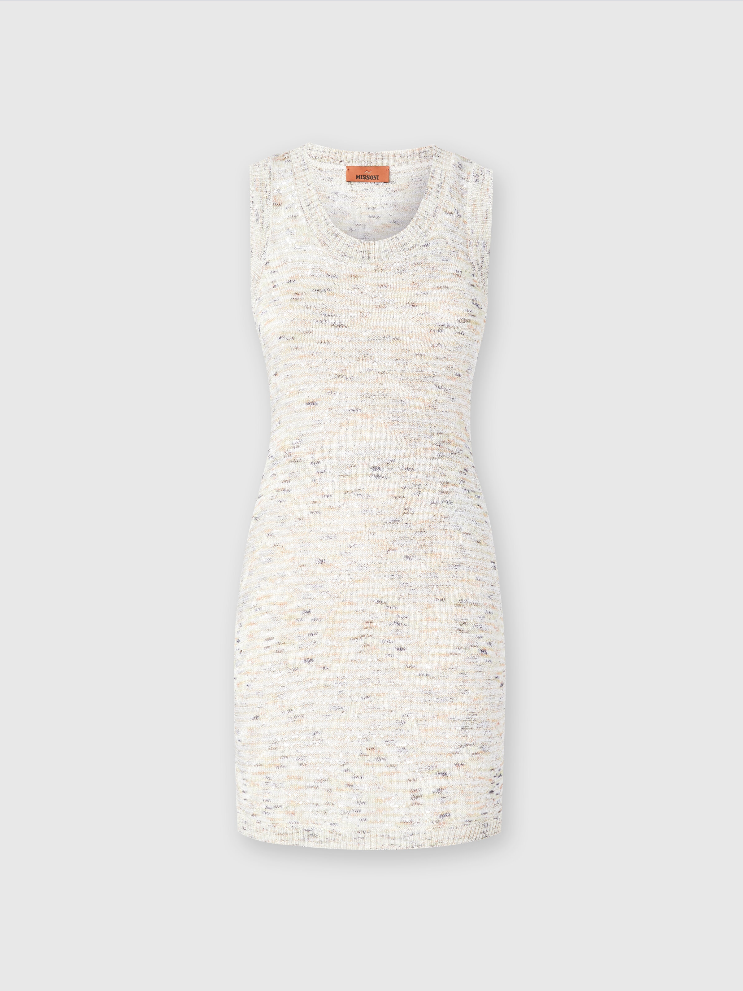Sleeveless mini-dress in slub knit with sequins, White & Beige - 0