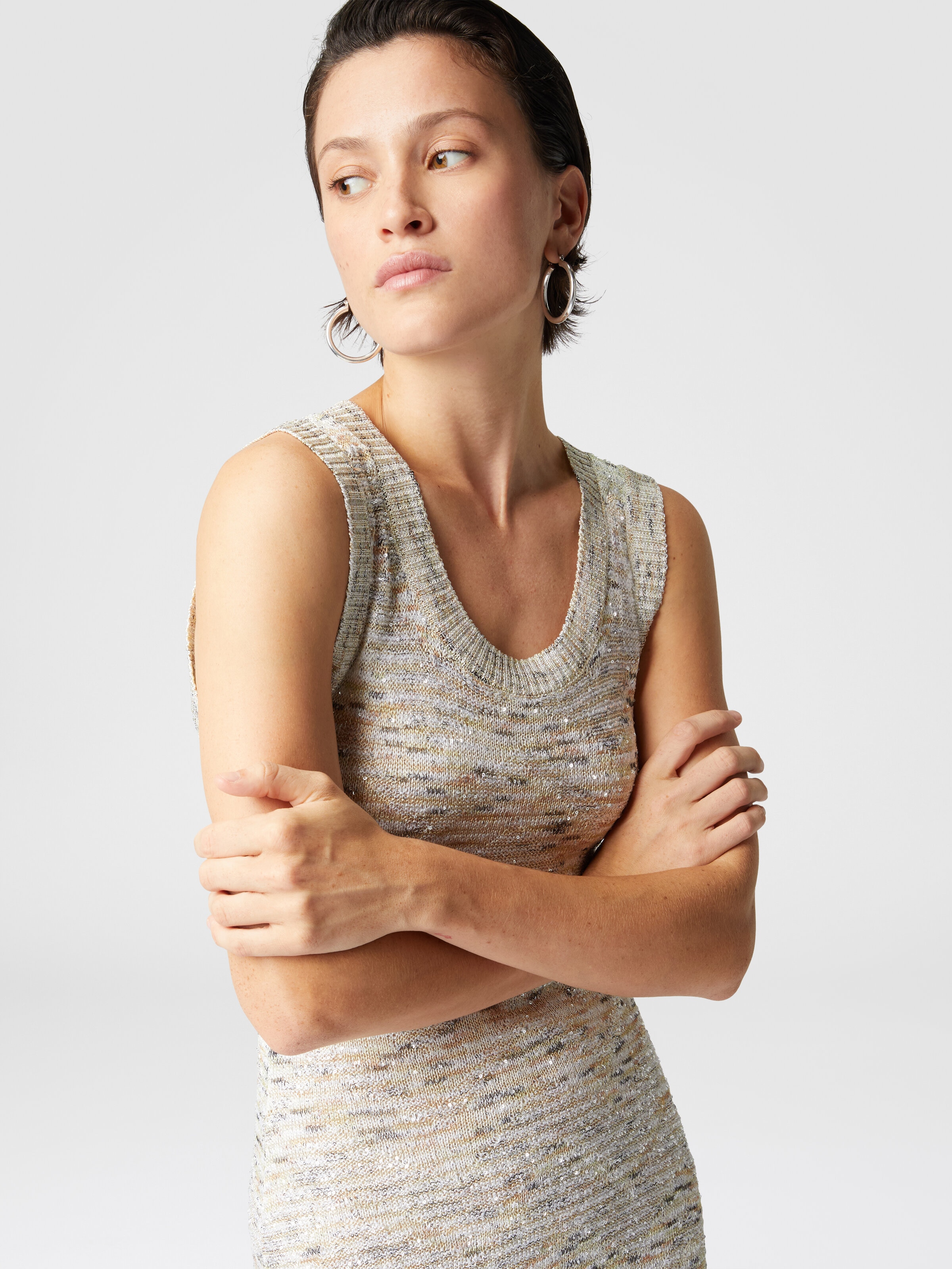 Sleeveless mini-dress in slub knit with sequins, White & Beige - 3