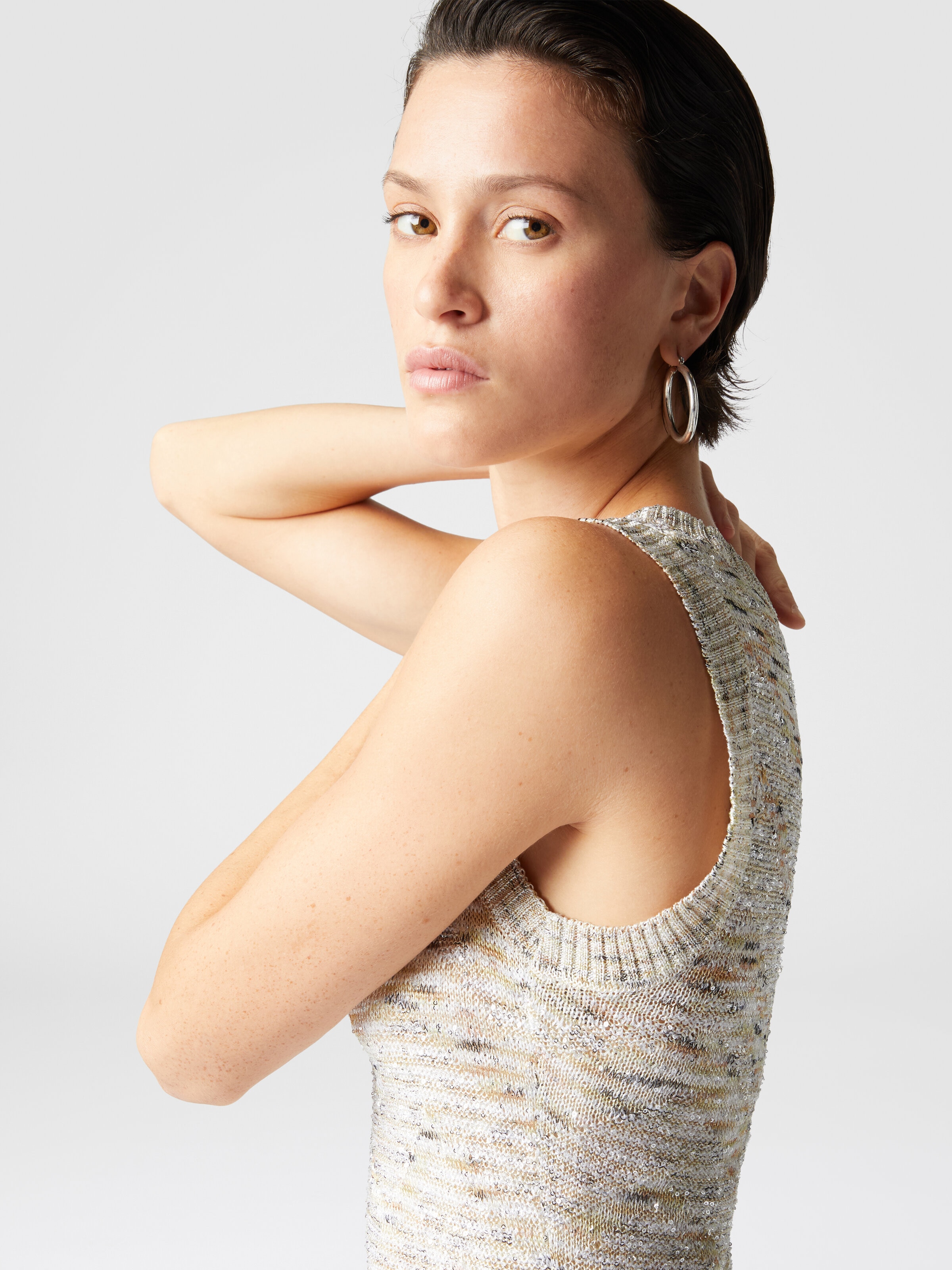 Sleeveless mini-dress in slub knit with sequins, White & Beige - 4