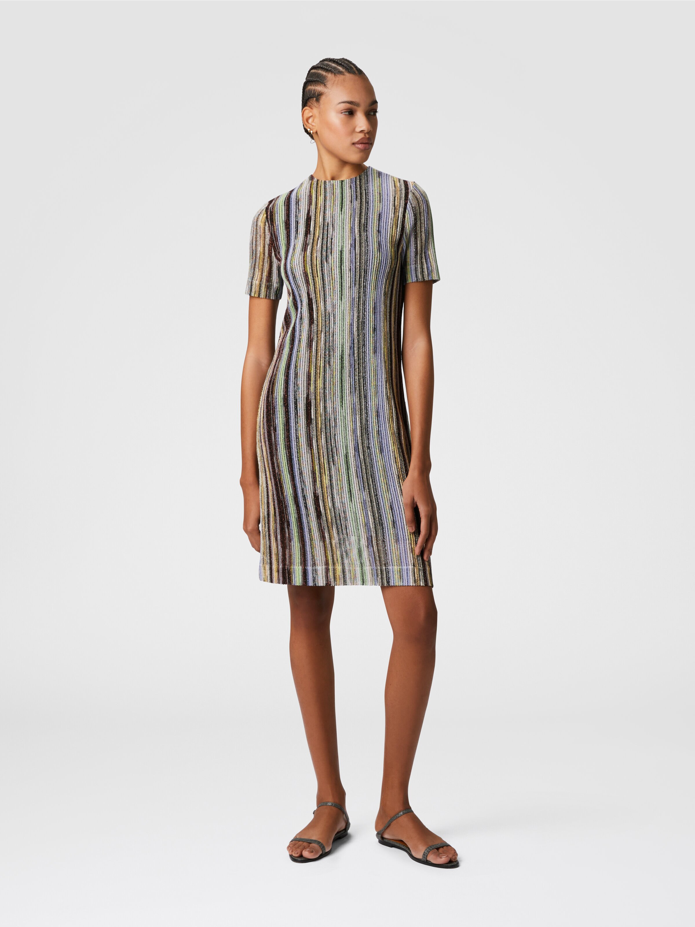 Short-sleeved mini-dress in striped lamé slub viscose, Multicoloured  - 1