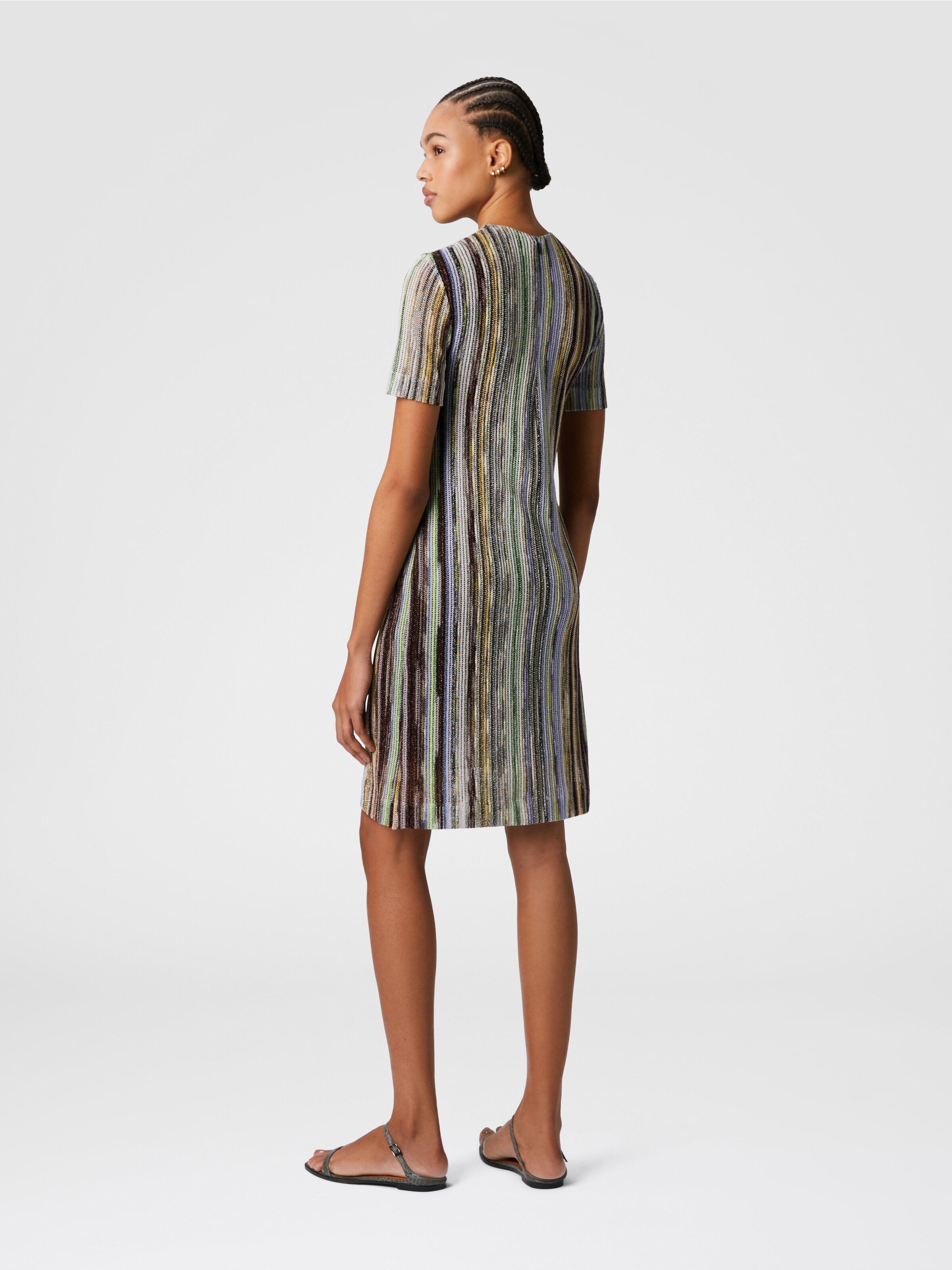 Short-sleeved mini-dress in striped lamé slub viscose, Multicoloured  - 2