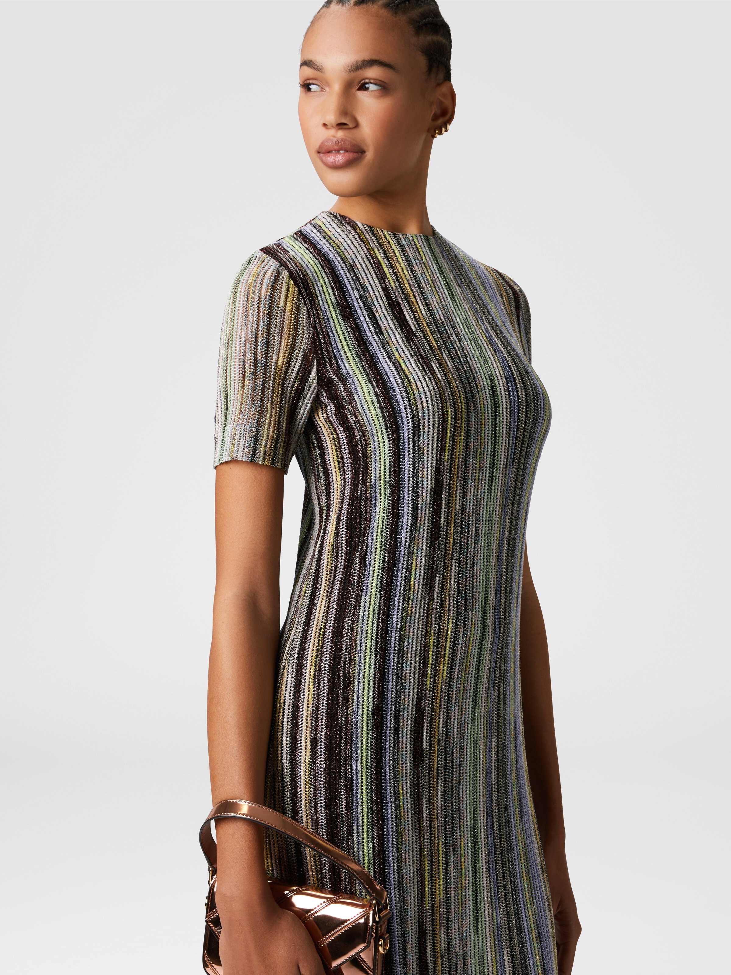 Short-sleeved mini-dress in striped lamé slub viscose, Multicoloured  - 3