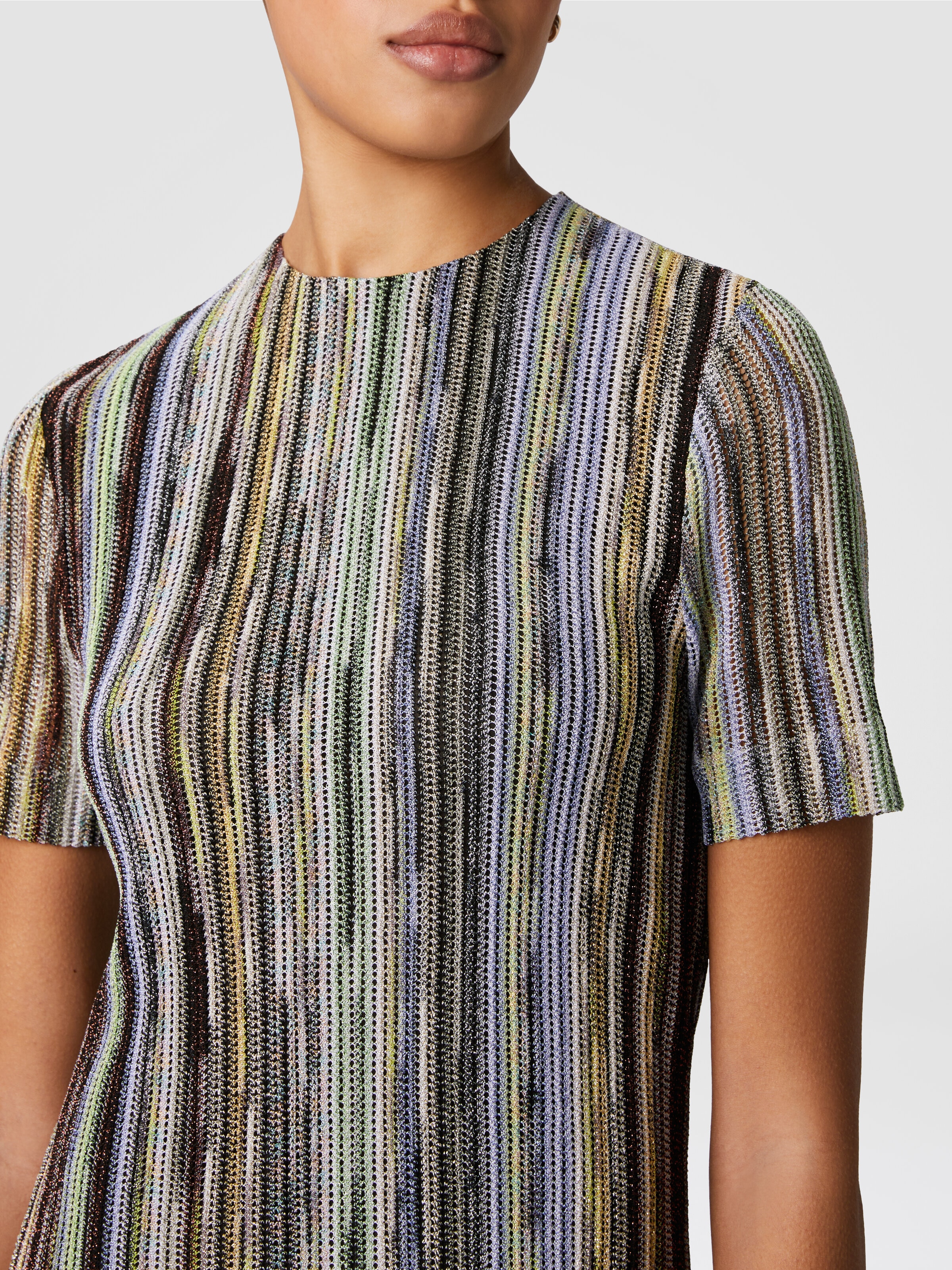 Short-sleeved mini-dress in striped lamé slub viscose, Multicoloured  - 4