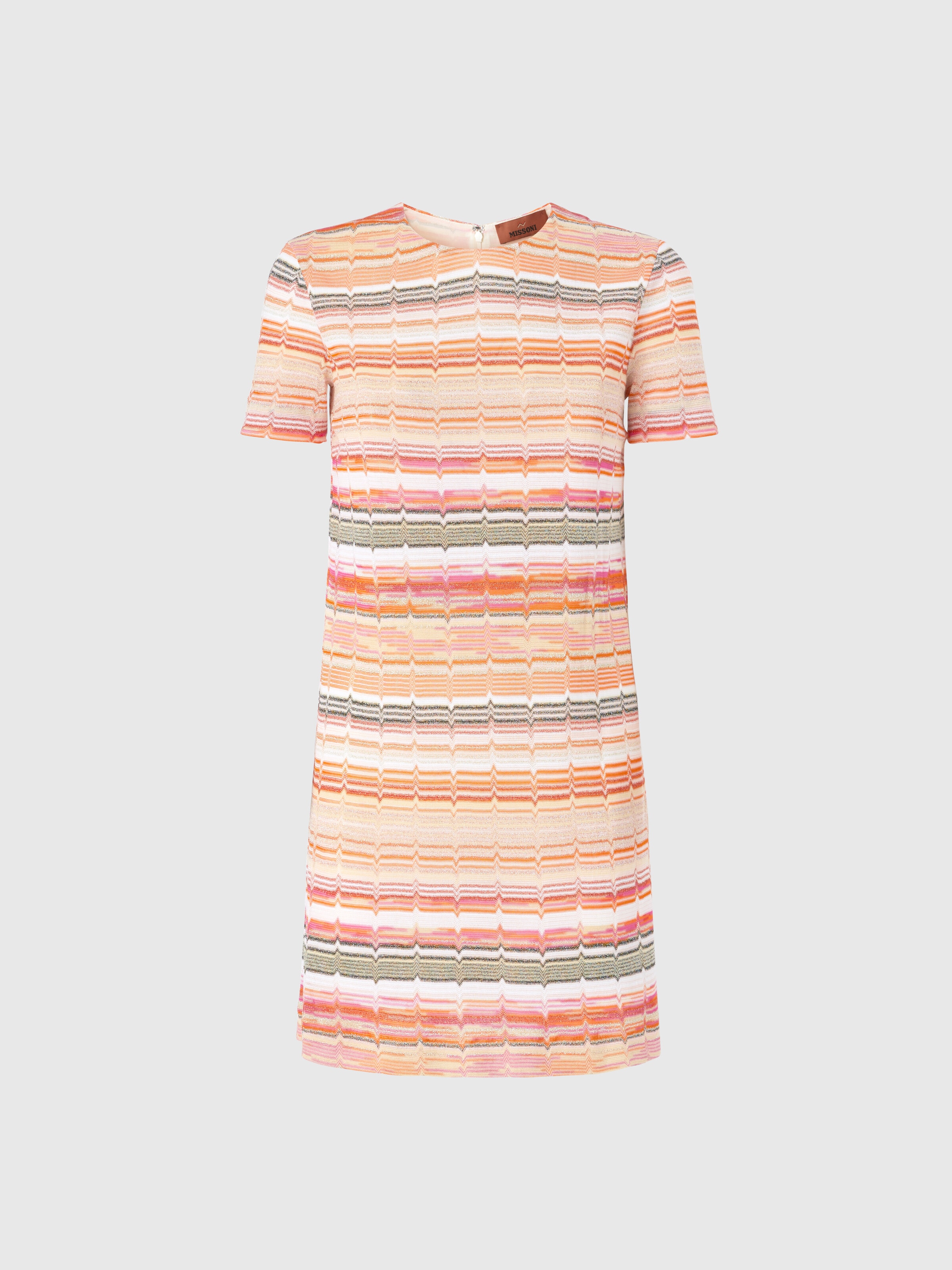 Short-sleeved mini-dress with Greek zig zag lamé, Multicoloured  - 0