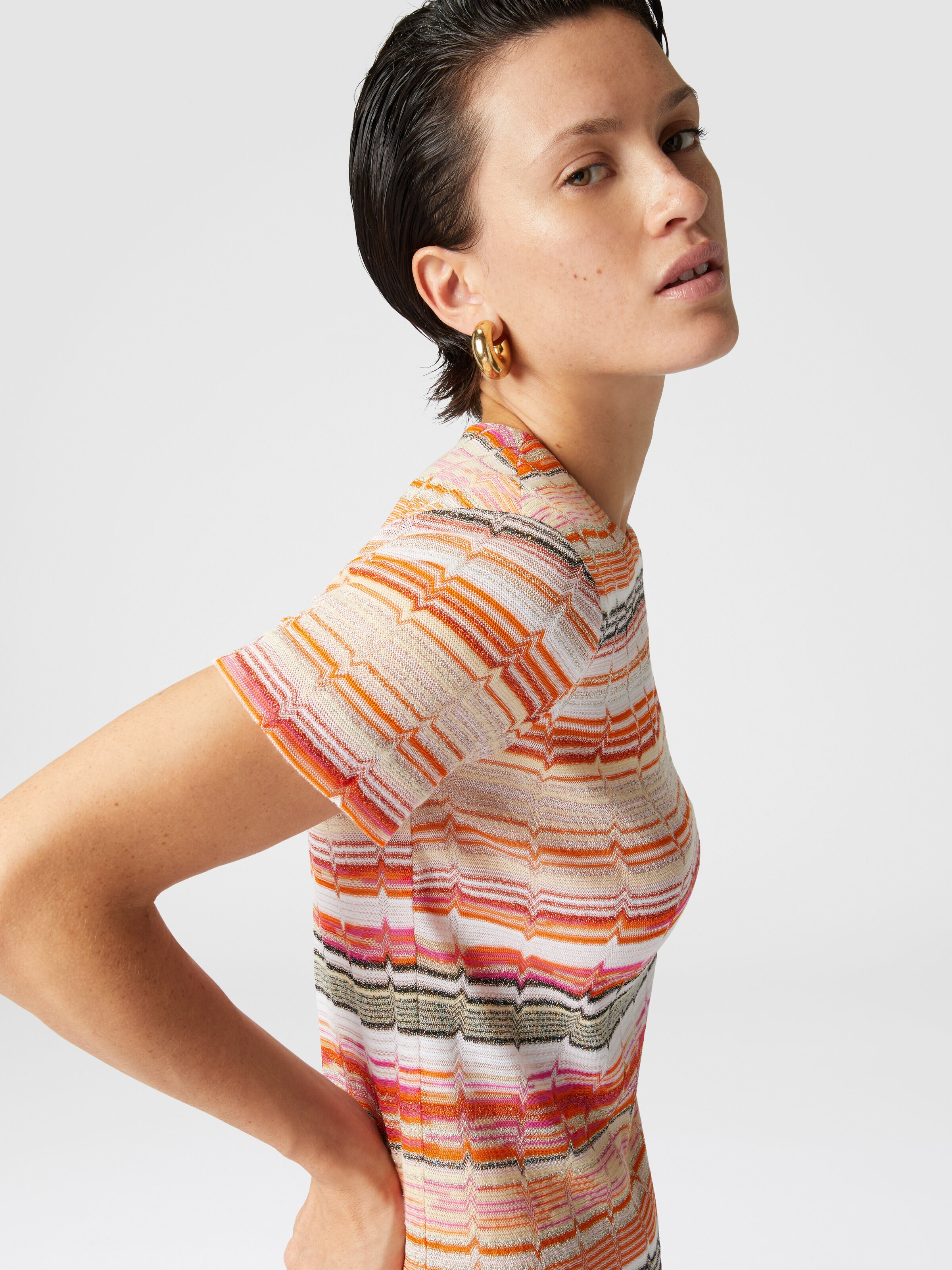 Short-sleeved mini-dress with Greek zig zag lamé, Multicoloured  - 4