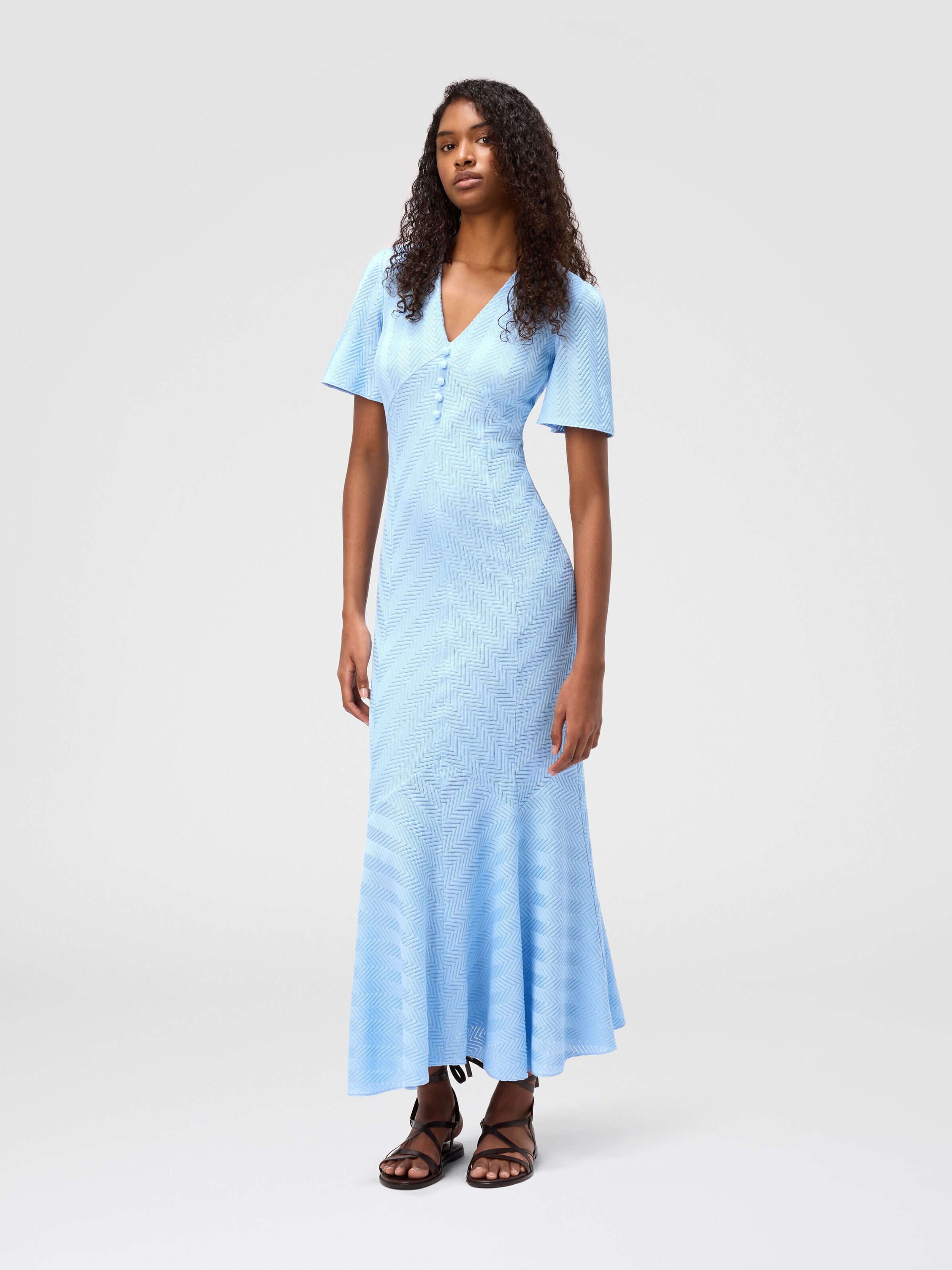 Long dress in cotton and zigzag viscose with flared hem, Light Blue - 1