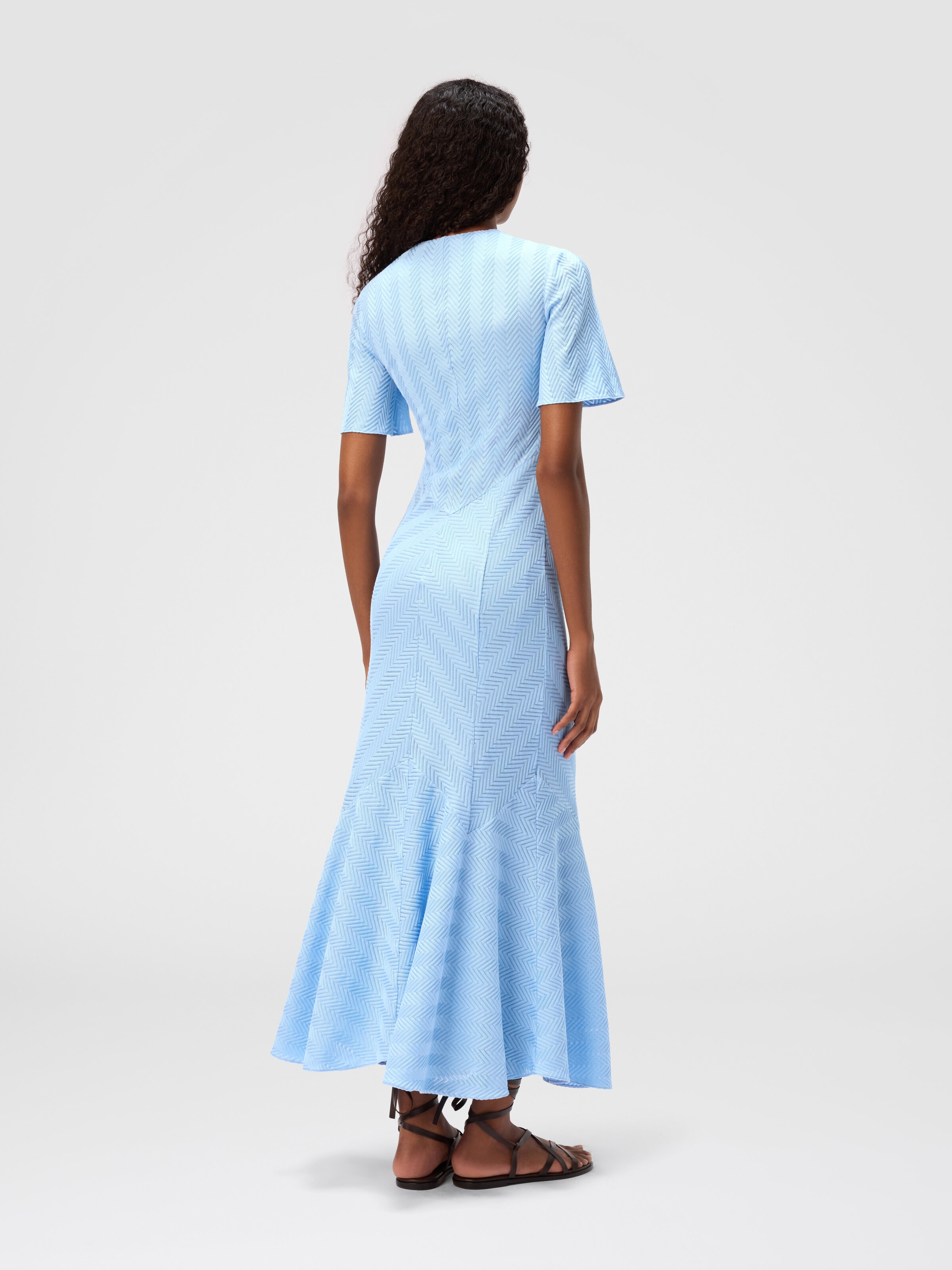 Long dress in cotton and zigzag viscose with flared hem, Light Blue - 2