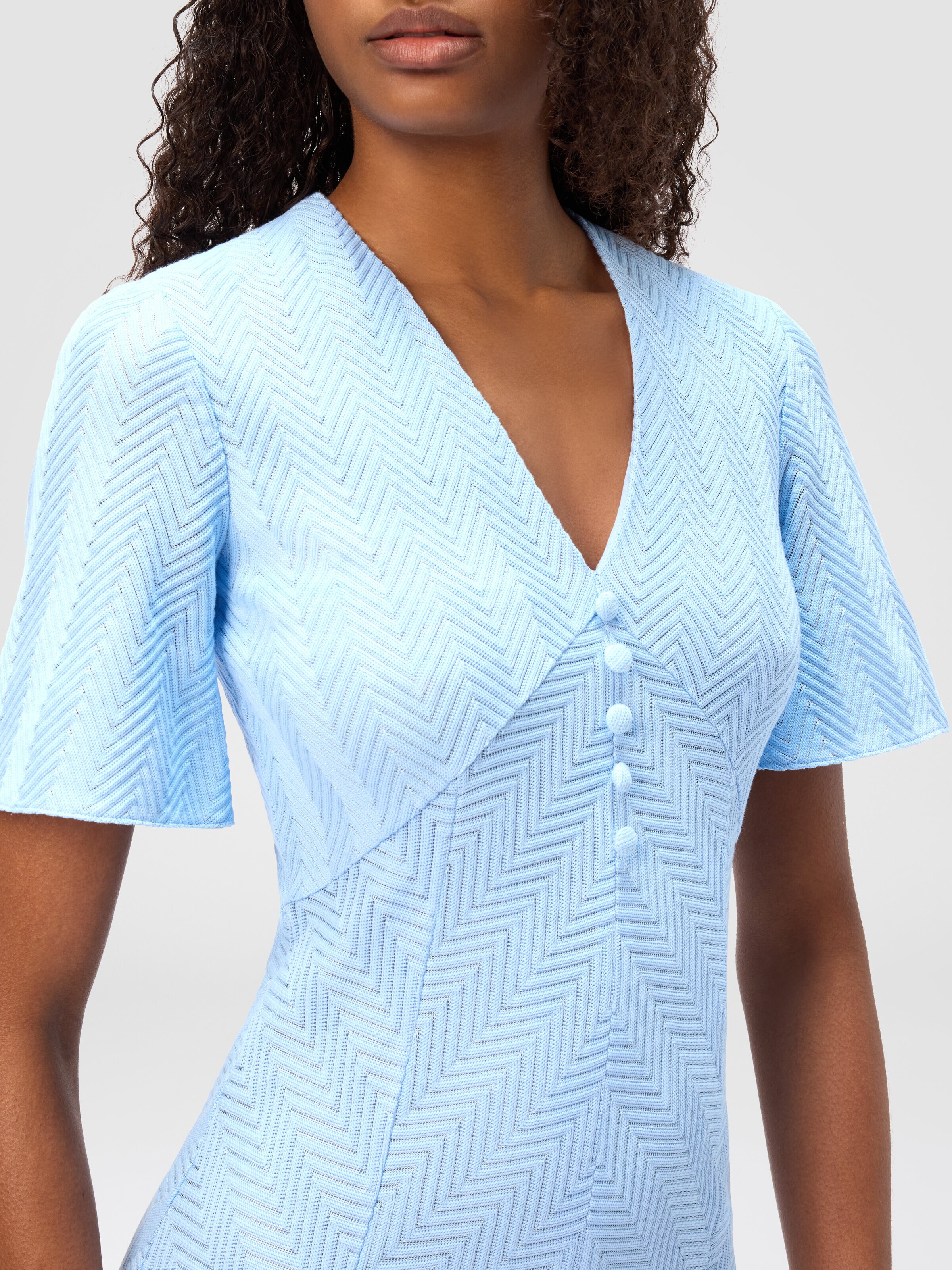Long dress in cotton and zigzag viscose with flared hem, Light Blue - 3