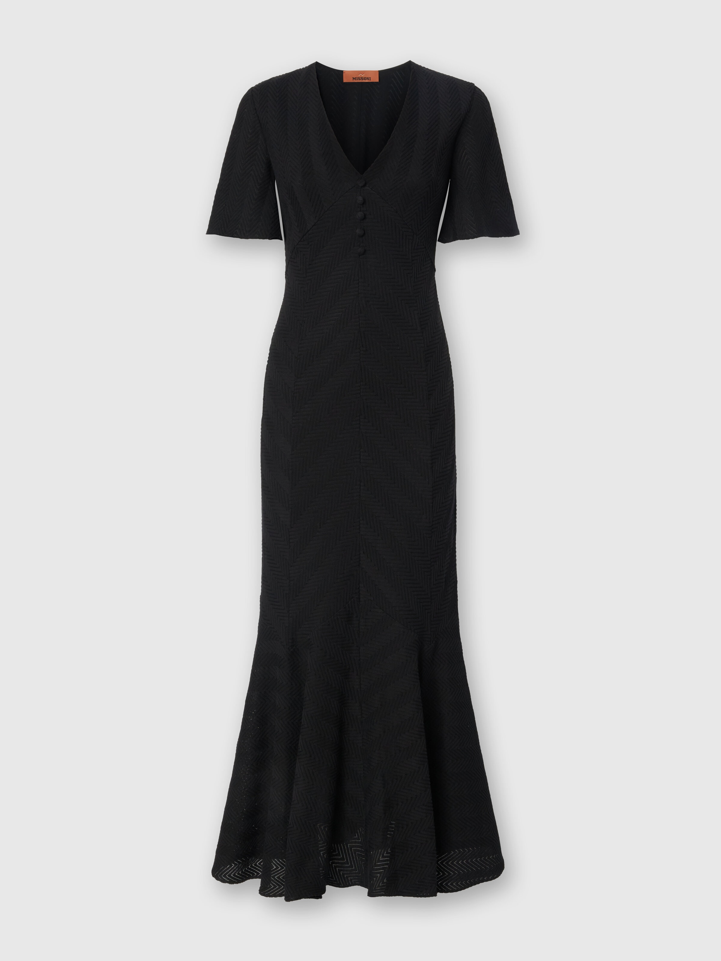 Long dress in cotton and zigzag viscose with flared hem, Black - 0