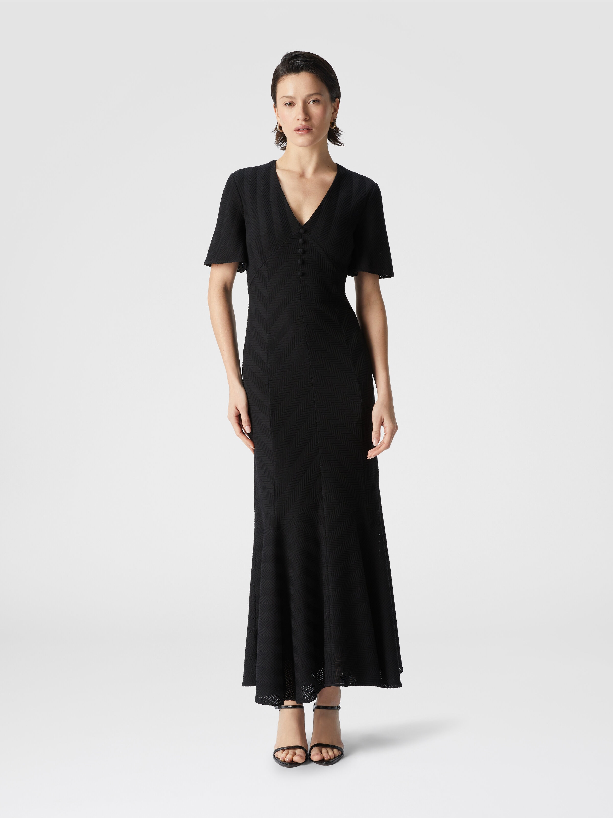 Long dress in cotton and zigzag viscose with flared hem, Black - 1