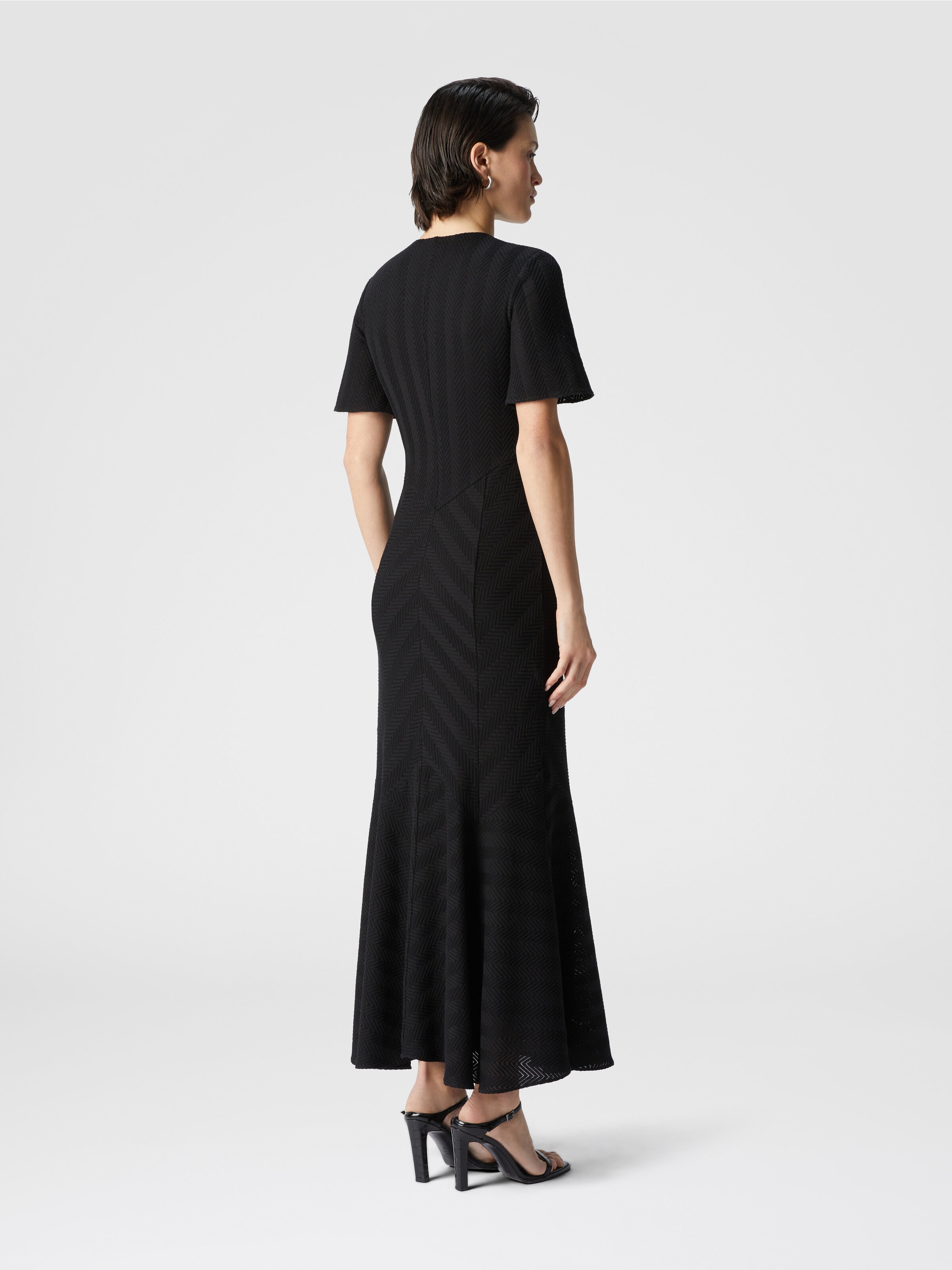 Long dress in cotton and zigzag viscose with flared hem, Black - 2